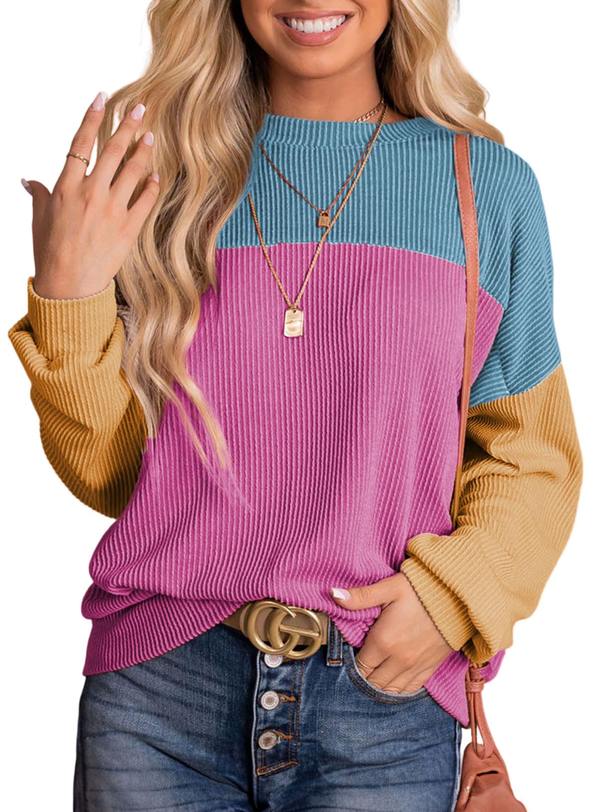 DokotooWomens Fashion 2025 Color Block Long Sleeve Crewneck Knitted Casual Loose Pullover Shirts Tops