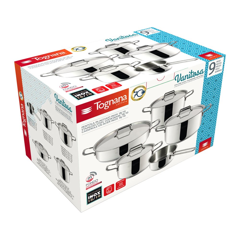 Tognana Vanitosa, Batteria di pentole e padelle, Set con 3 casseruole, 1 pentola, 1 tegame, 4 coperchi, 9 Pezzi, Acciaio Inox