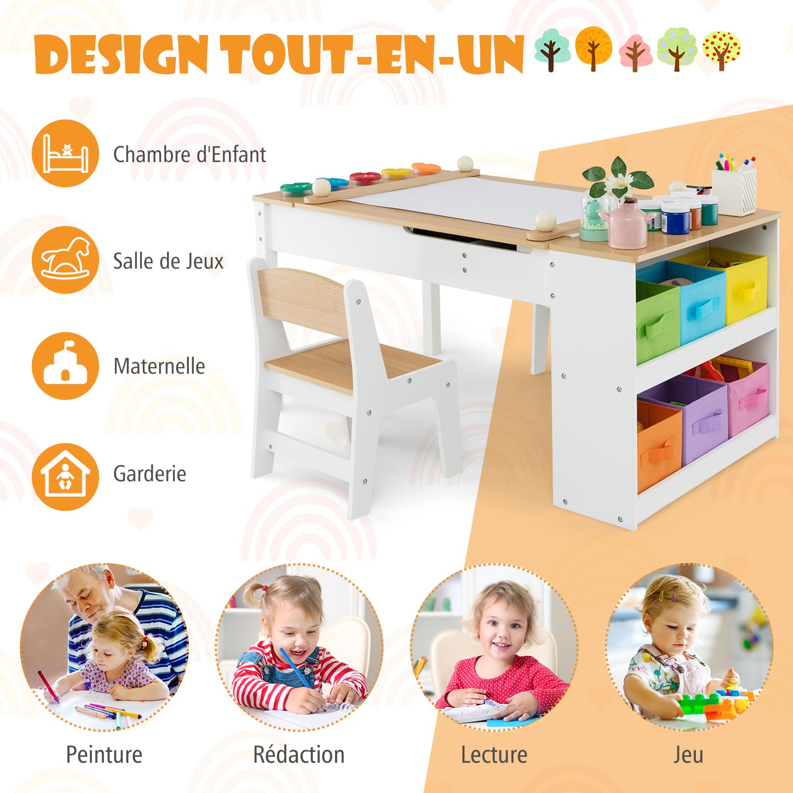 DREAMADE Table à Dessin et 2 Chaises en Bois Enfants,Bureau d'art Tout-Petits avec Plateau Inclinable&6 Tiroirs en Tissu&5 Palettes&Rouleau de Papier,Charge 91+75KG(Naturel)