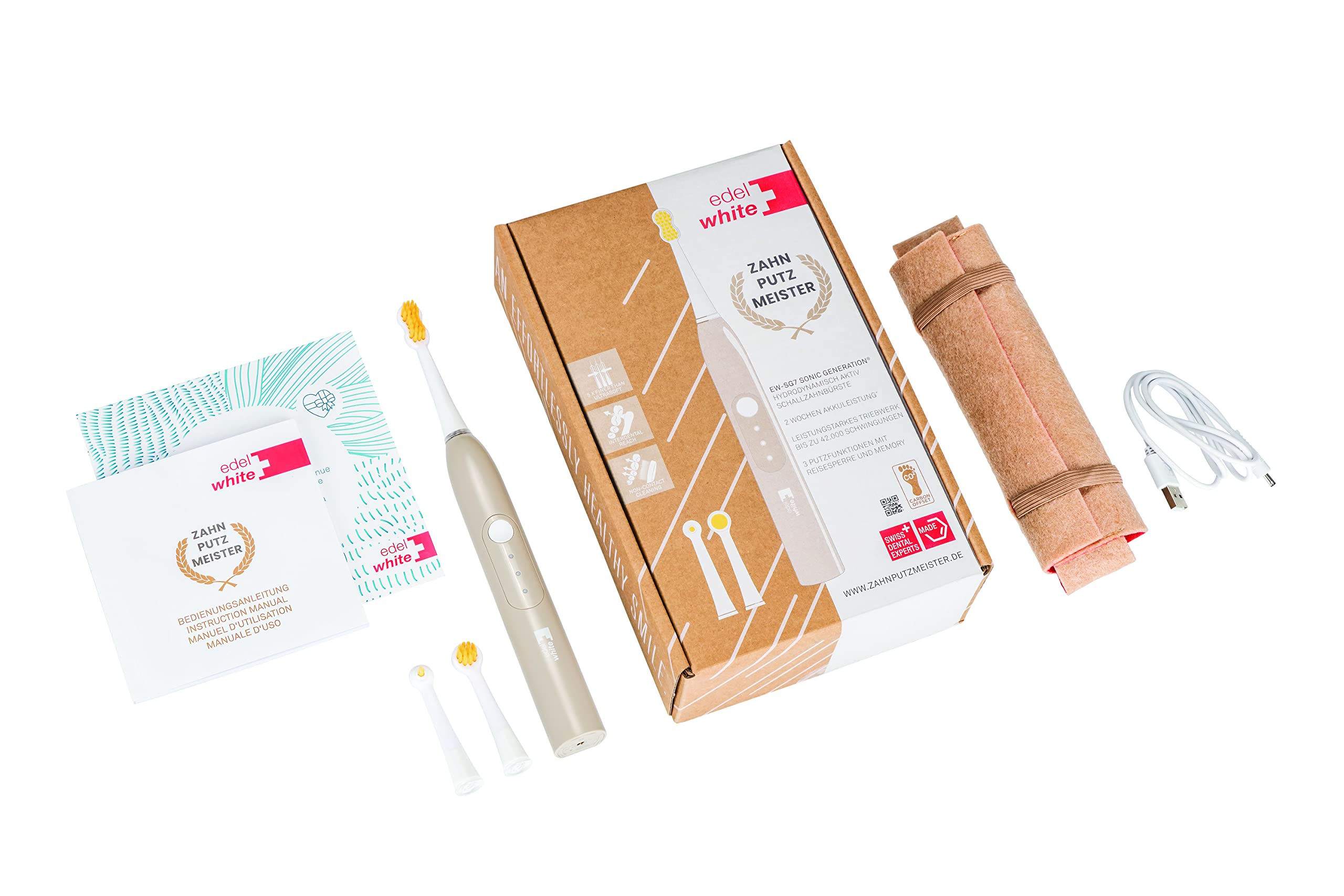edelwhite Spazzolino sonico Zahnputzmeister.com idrodinamico attivo con 3 funzioni di pulizia, blocco di viaggio e memoria in confezione ecologica