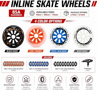 6 Pack / 8 Pack Inline Skate Wheels, 90mm 100mm 110mm, 85A PU Replacement Wheels, High Rebound Wear-Resistant Wheel with Strong Grip for Training, Replacement & Skate Upgrade (black,90mm 6pack)