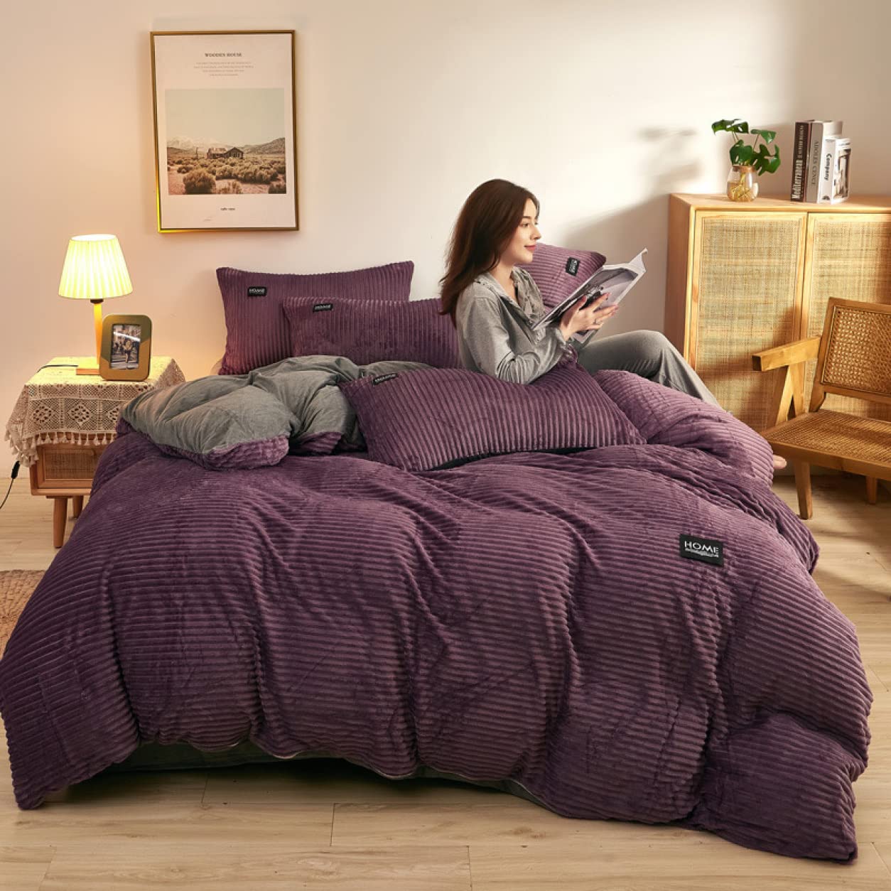 ダブルパープルなめらか肌触りフランネル生地あったか寝具カバー4点セット