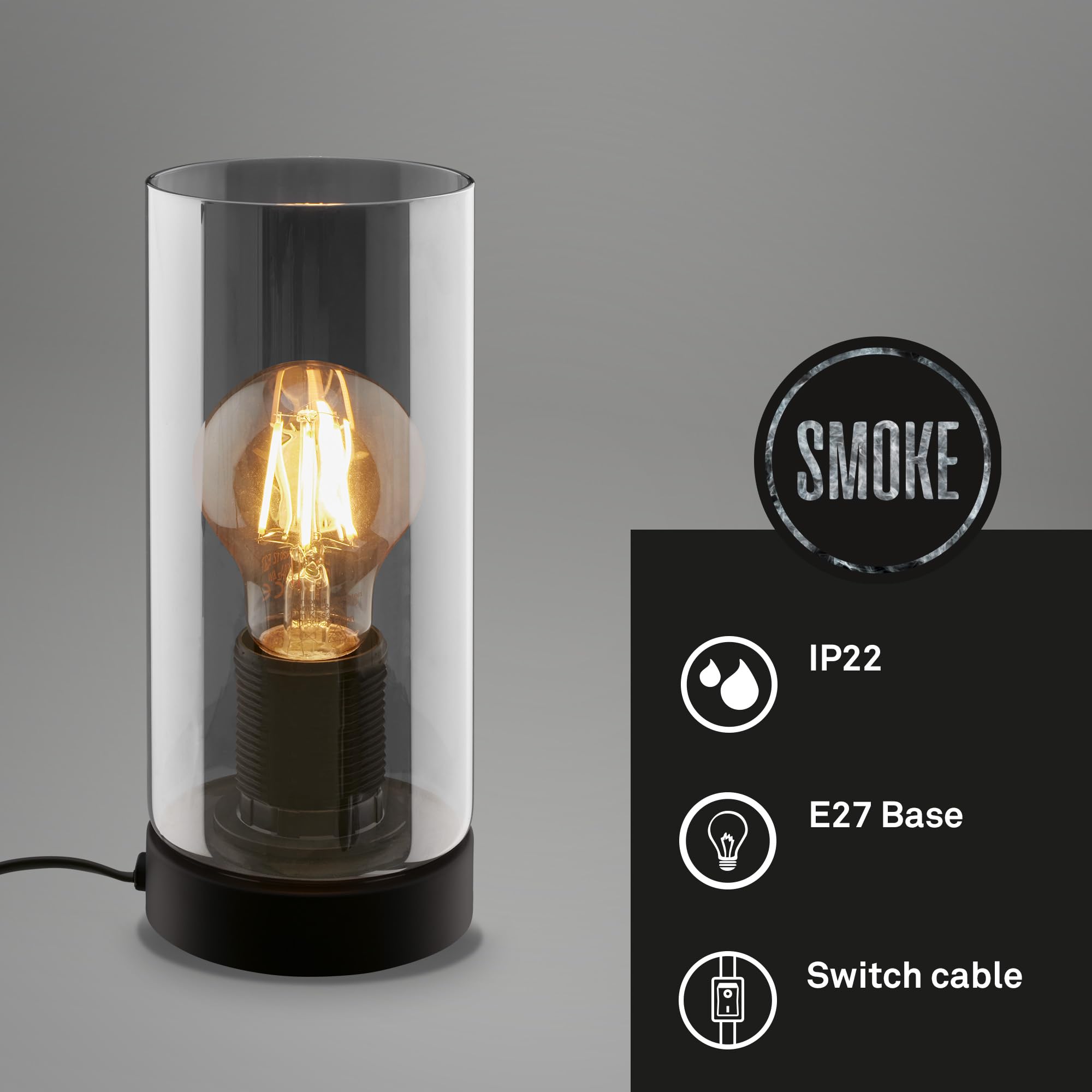 BRILONER - Lampka nocna, szkło dymne, przełącznik przewodowy lampa biurkowa, lampa stołowa E27 do domowego biura, lampka do czytania, czarna