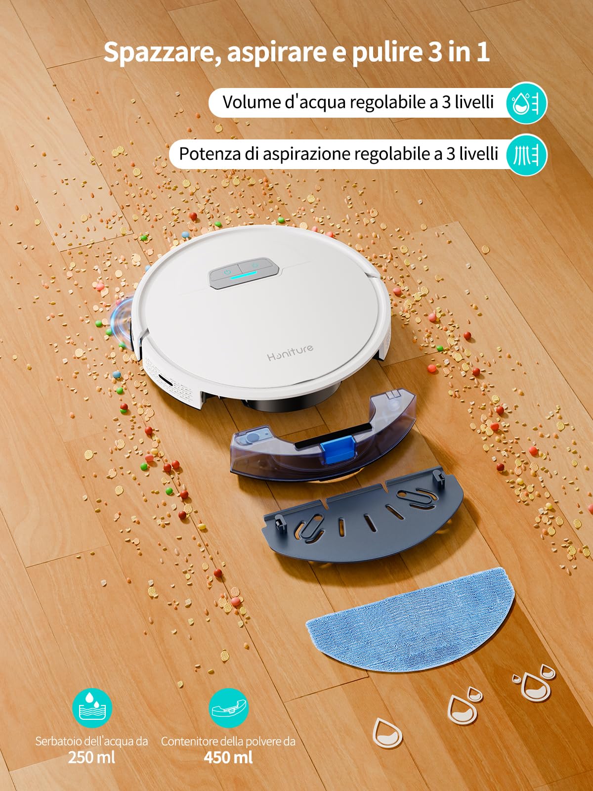 HONITURE G20 Robot Aspirapolvere Lavapavimenti, 4000Pa Robot Aspirapolvere 3-in-1, Potenziamento automatico del tappeto, Alexa/APP/Telecomando, Ideale per la/Peli di animali/Pavimenti/Tappeto