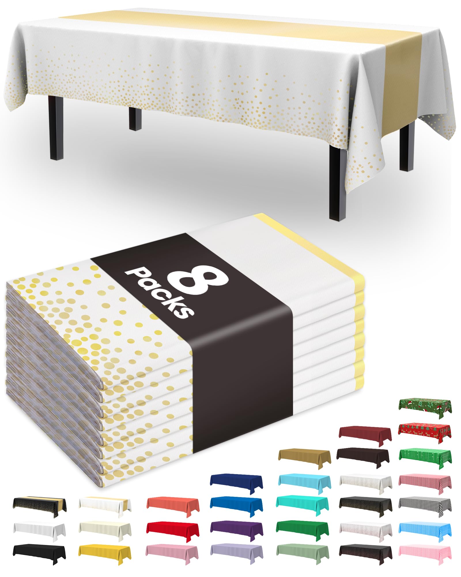 Pureegg Plastic Table Cloth Disposable 8 Pack, 54 x 108 Inch, Table Runner Style, Graduation Decorations 2026, Party Tablecloths, Rectangle, Plastic Cover, Leakproof &amp; Sturdy, White Gold