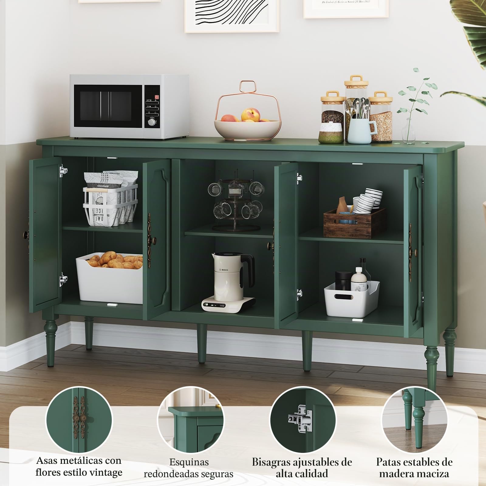 HOLTICO Aparador,Mueble Auxiliar,Cómoda De Almacenaje con 4 Puertas Y Estante Abierto,2 Estantes Ajustables En 3 Niveles,para Salón Comedor Cocina,151x40,5x80cm,Verde
