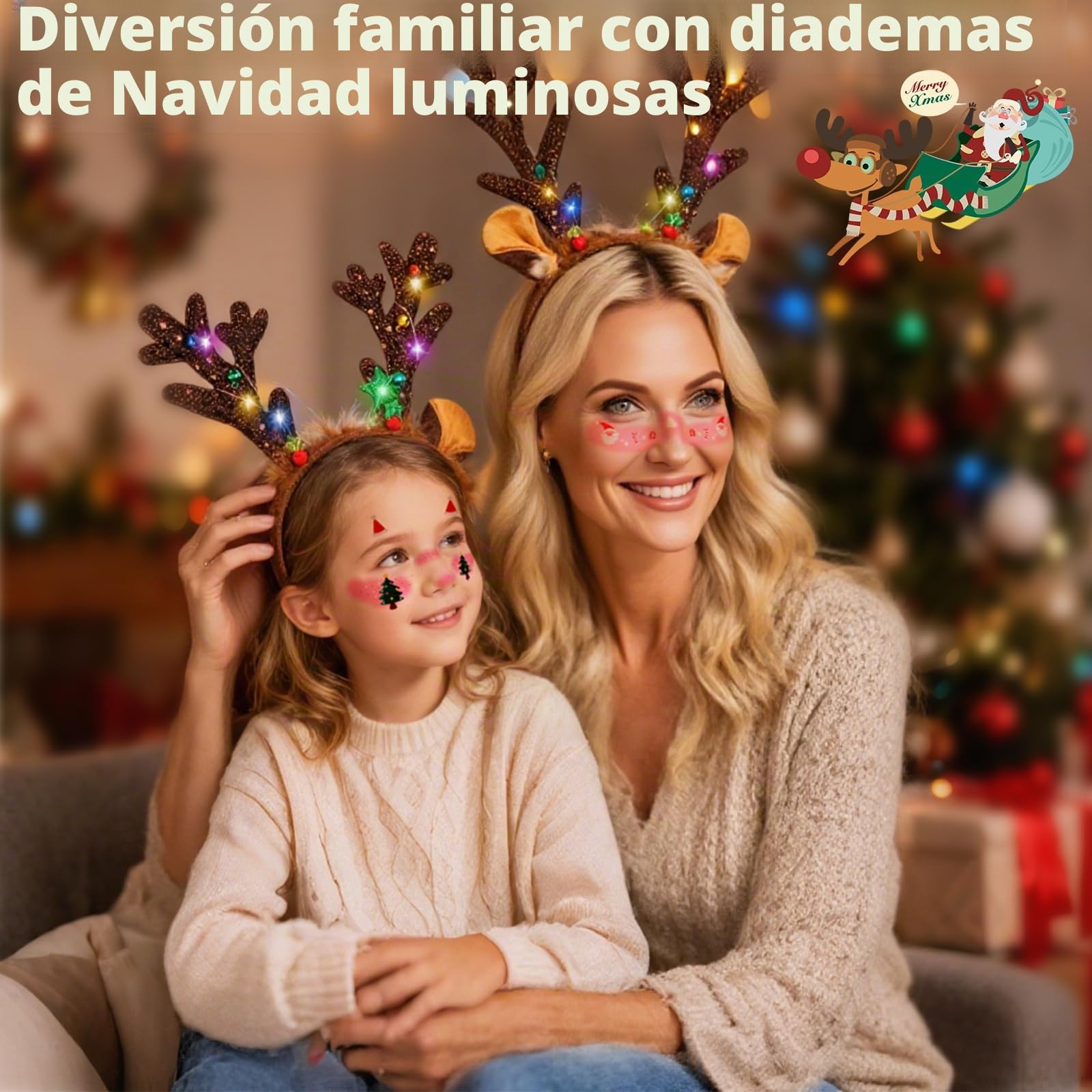 2 Diadema Navidad, Diademas Navideñas con Luces Set Incluye 2 Pegatinas de Rubor, Diadema Reno Navidad, Diademas Navideñas con Cascabeles Apto para Niños y Adultos