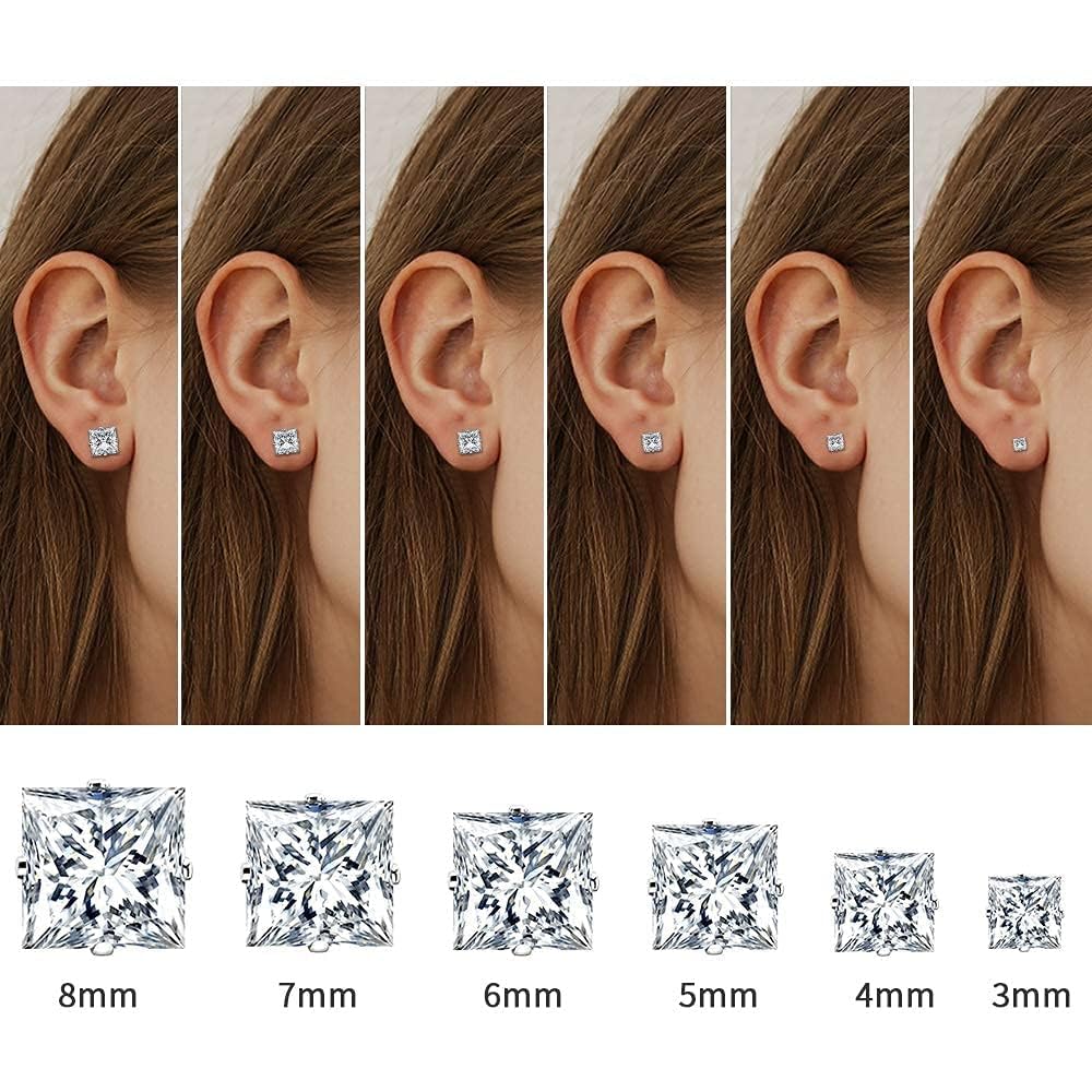 Stainless Steel Stud Earrings Set for Men, 18K White Gold Plated Square Cubic Zirconia Studs Hypoallergenic Mens Earrings Pack 6 Pairs for Men Women