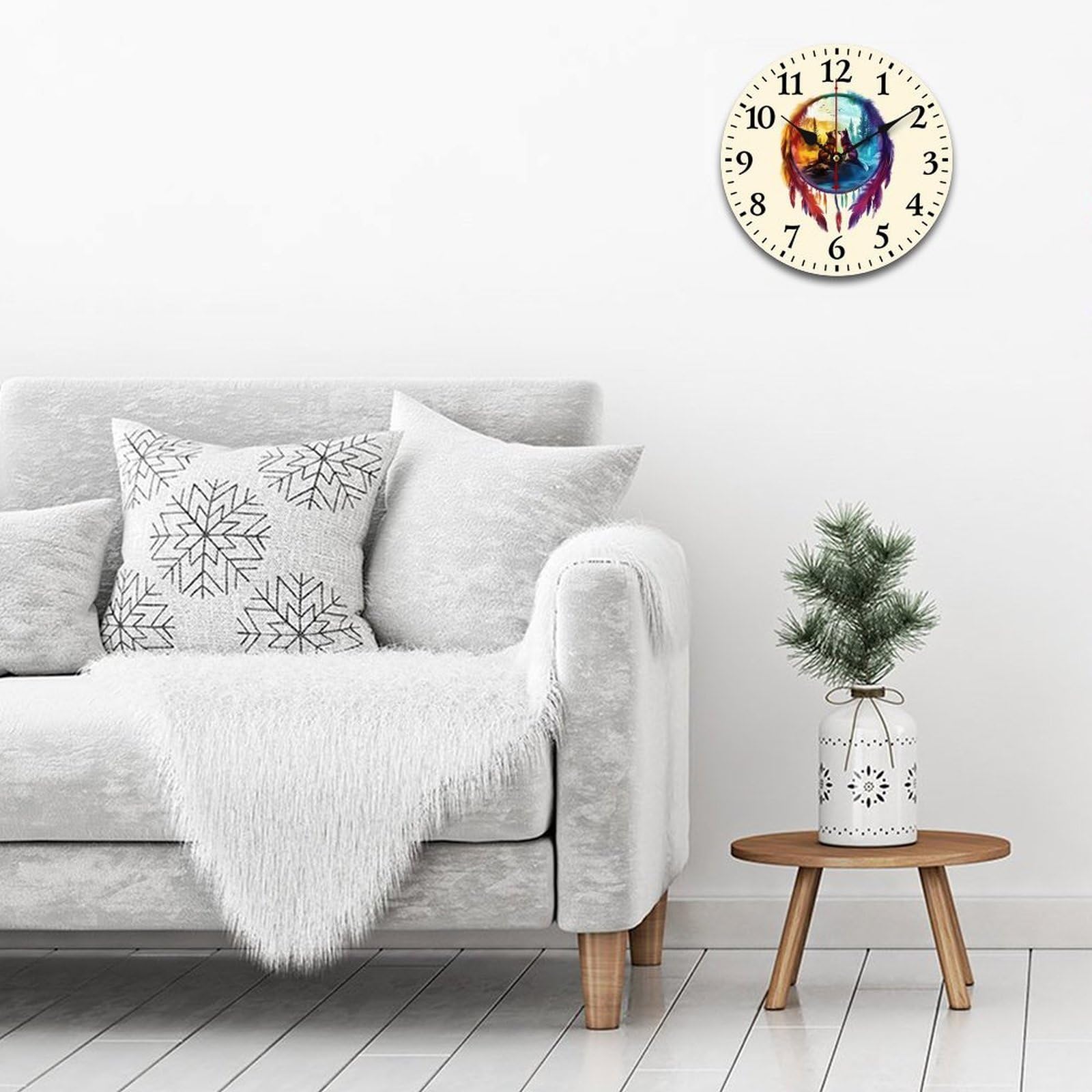 Wolf bunte Traumfänger-Wanduhr aus Holz, nicht tickend, batteriebetrieben, für Büro, Wohnzimmer, Schlafzimmer, Küche