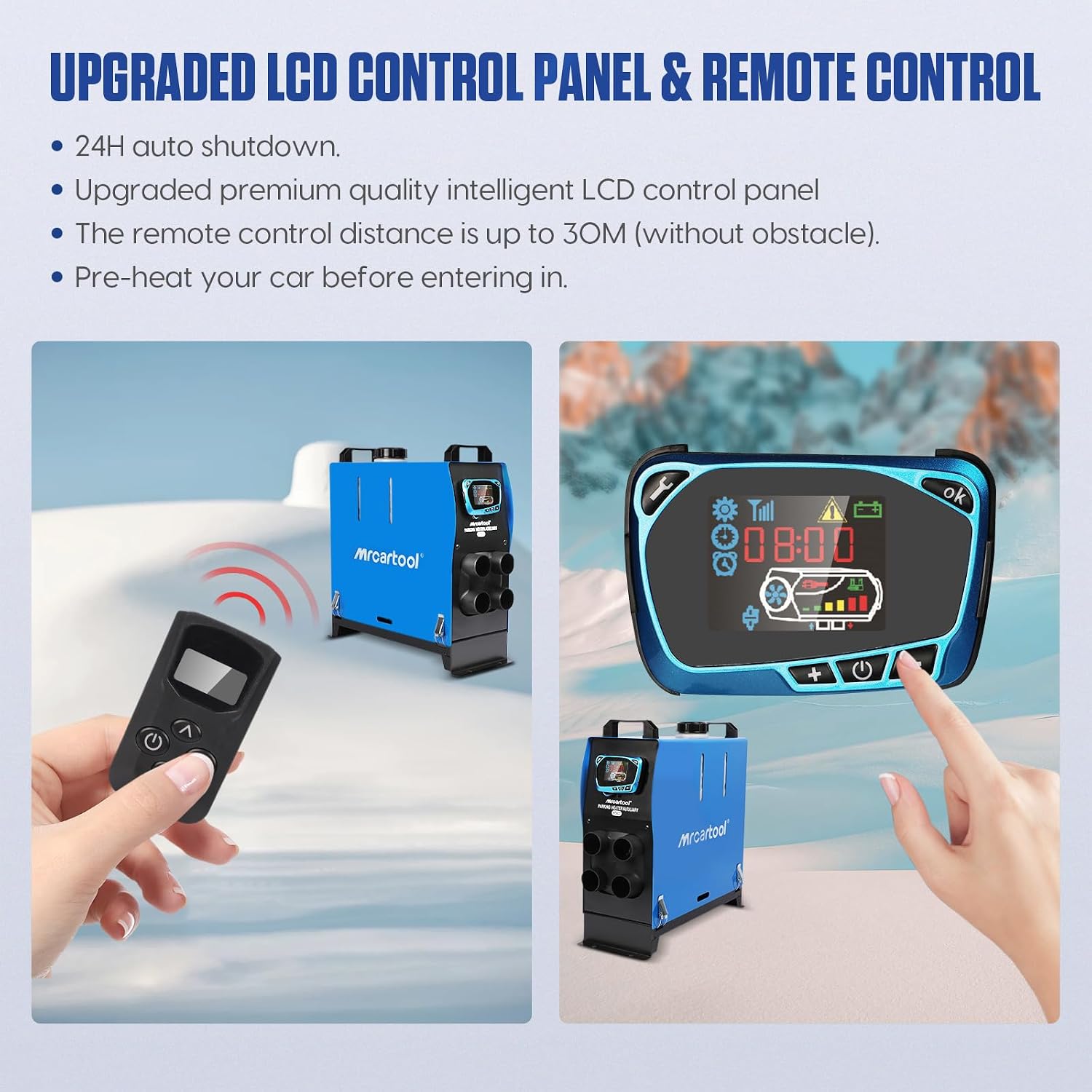 Image showing the upgraded LCD control panel and the remote control for the MRCARTOOL HT822 Diesel Parking Heater. The LCD panel displays time, temperature, and operational status, while the remote allows for convenient adjustments.