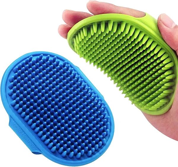Dog Grooming Brush, Lilpep Pet Shampoo Bath Brush Soothing Massage Rubber Comb with Adjustable Ring Handle for Long Short Haired Dogs and Cats (Blue+Green, pack of 2)