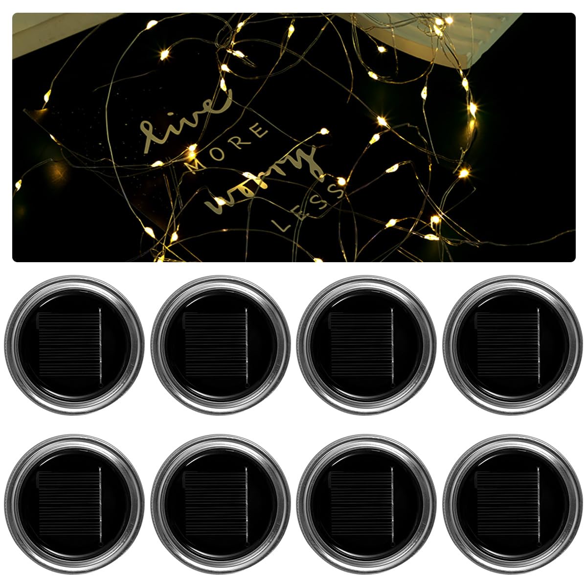 8Pcs Solar Mason Jar Lid Lights - 9.84ft 30LED IP44 Waterproof Lanterns With Flexible String Light - Auto On/Off Anti-Rust for Patio Garden Wedding