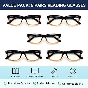 Eyekepper Classic Spring Hinge Reading Glasses Sun Reading Glasses Pack of 5