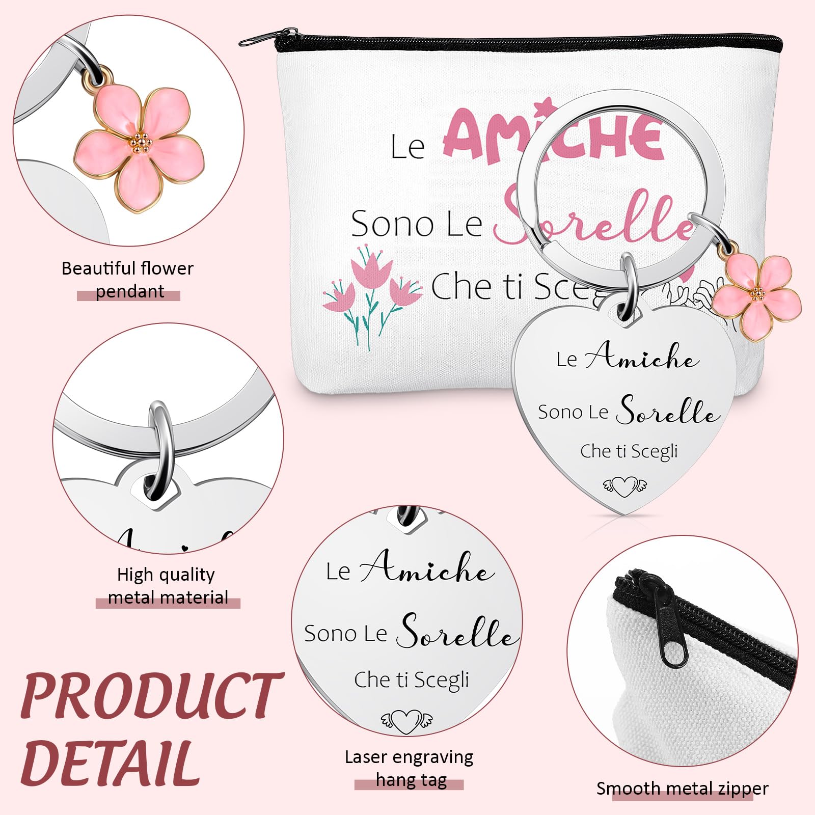 Weewooday Set Regalo per Migliore Amica e Sorella 1 Borsa per Cosmetici 1 Portachiavi dell'Amicizia con Ciondolo a Forma di Fiore Pochette per Trucchi Borsa Toilette Beauty Case per Compleanno