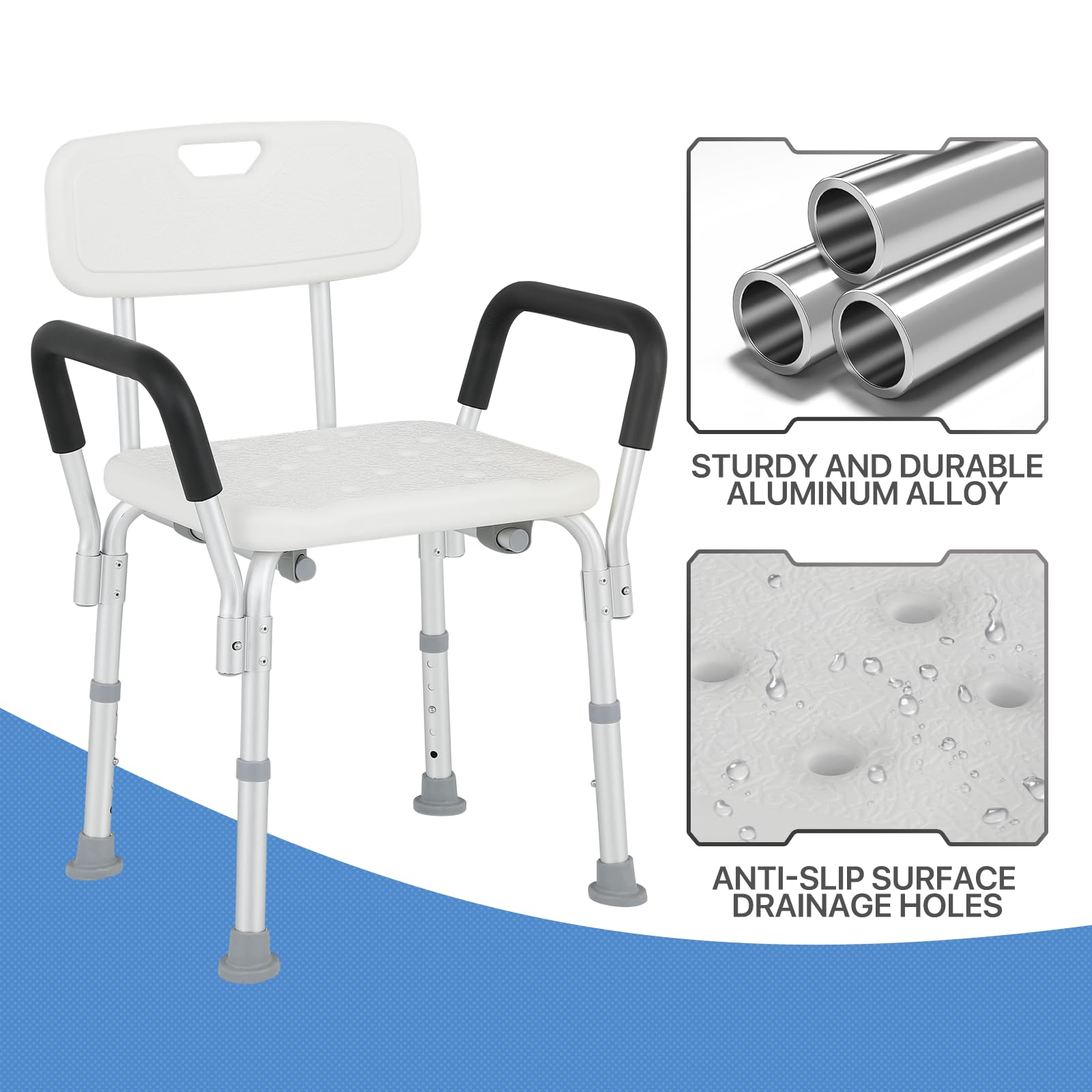 monicare Silla de ducha de altura ajustable para baño, bañera interior con respaldo y reposabrazos acolchado, silla de baño de seguridad antideslizante para adultos, personas mayores, personas