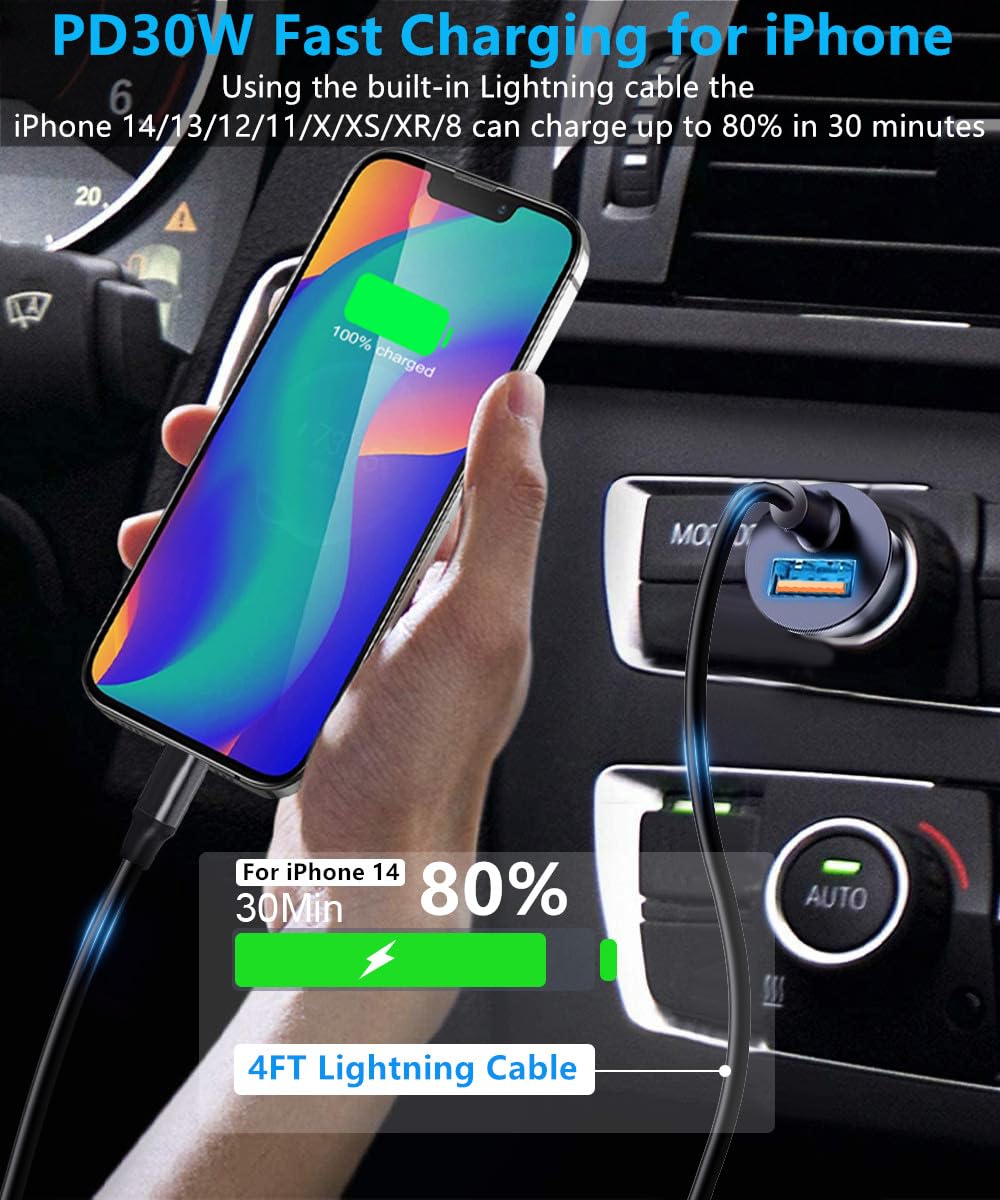 60W 2-Port Super Fast Car Charger Adapter with 4ft Type C Cable, [PD 30W &QC 30W] Fast Charging for iPhone 14/Galaxy S24 S23/Android, Cigarette Lighter USB Charger