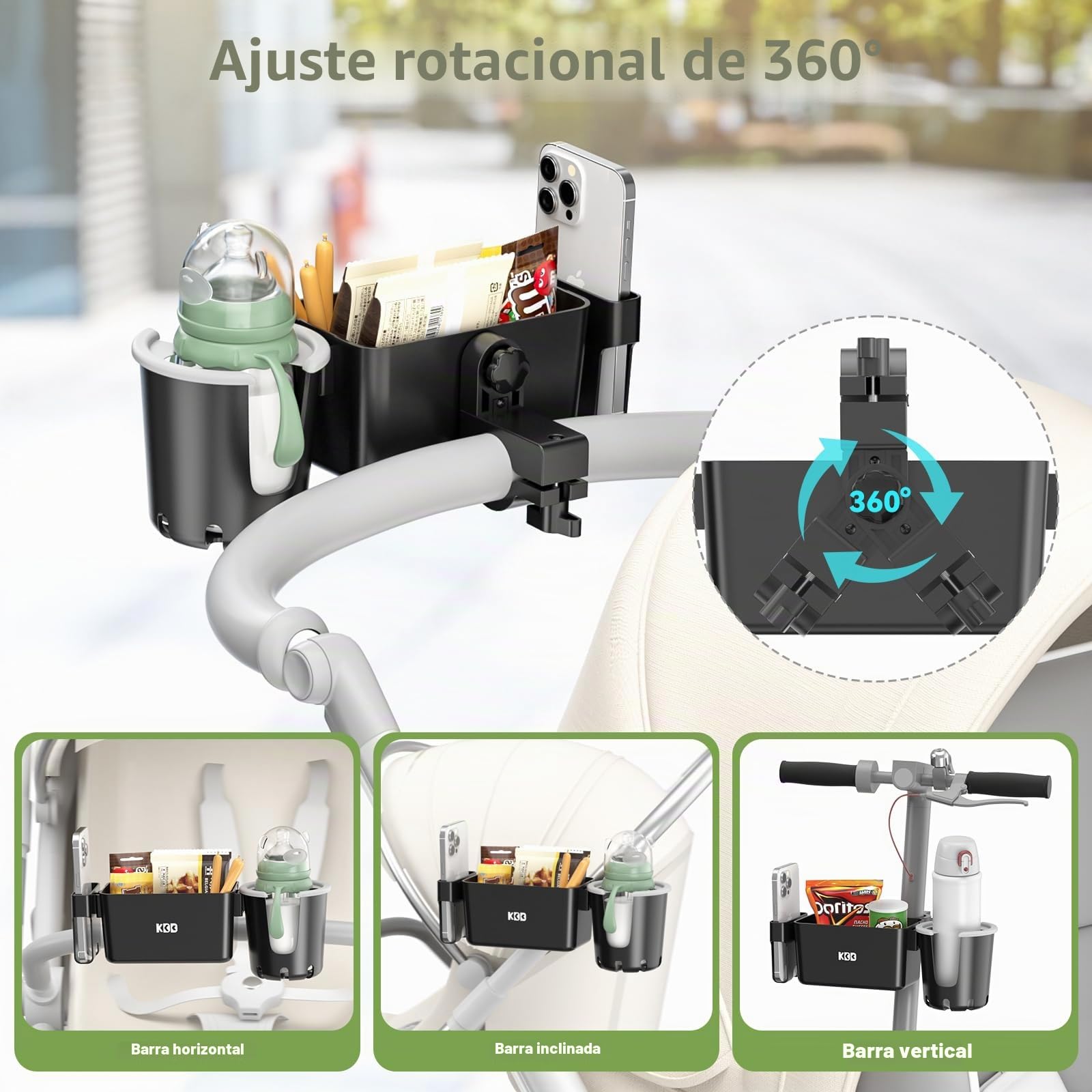 KDD Portavasos Carrito Bebe con Bandeja Snack Cochecito, 3 en 1 Bandeja Universal para Bebé con Soporte Móvil, Soporte para Bebidas Extraíble, 360º Sujeta Vasos Carro Bebe para Silla de Paseo Bugaboo