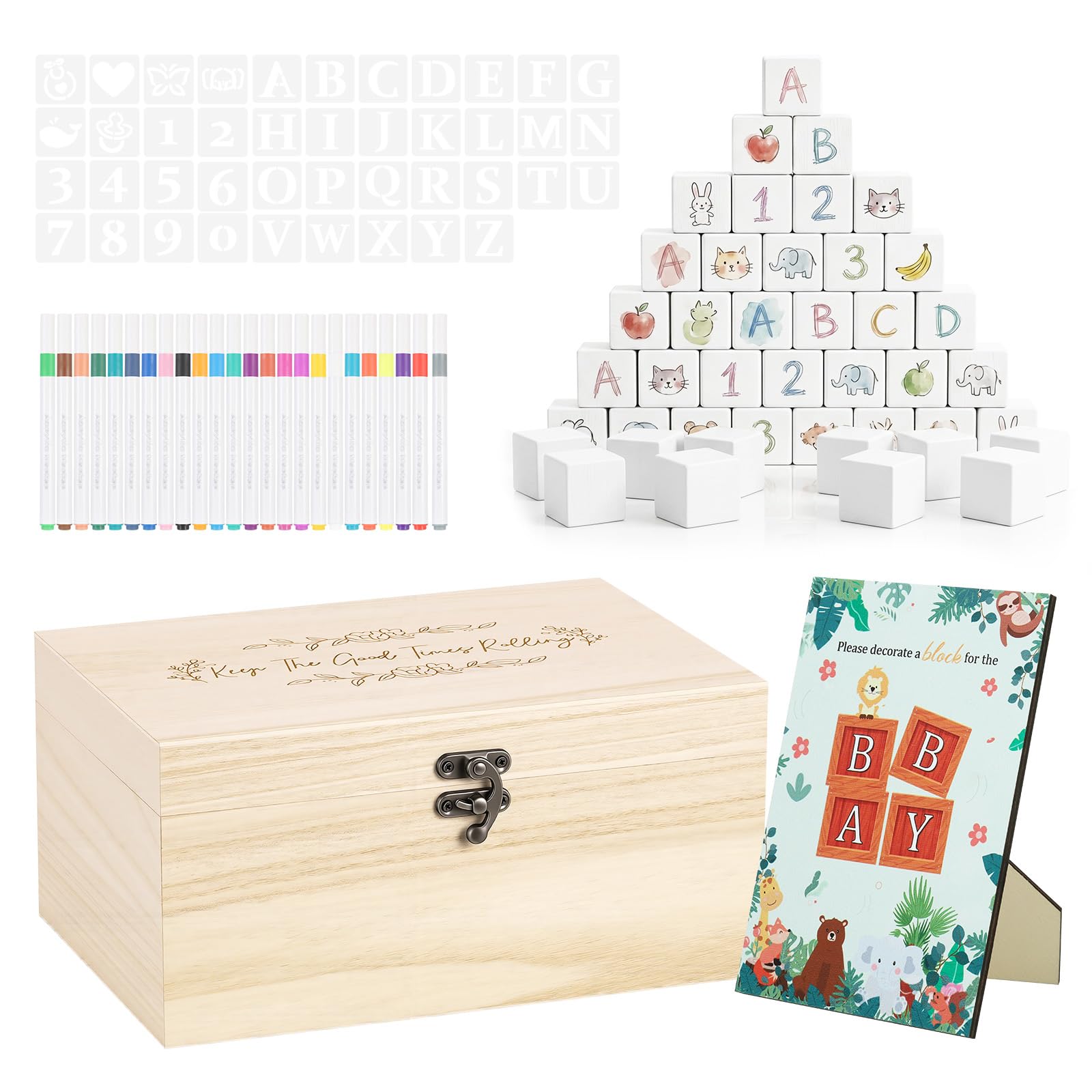 120Pcs Baby Shower Games Kit, Funny Babyshower Games Sign, 52Pcs Blank Wooden Blocks And 24 Markers For Guests Diy, Baby Shower Game Girls Boys, Wooden Box With Decorations For Gender Reveal(White)
