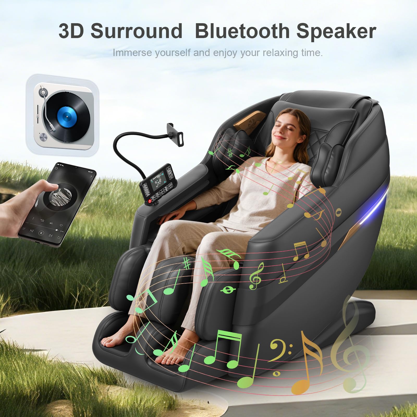 3D SL-Track-Massagesessel Ganzkörper-Massagesessel 8 Luftkammern Heizfunktion Fußrollenmassage KI-Sprachsteuerung Bluetooth-Lautsprecher Zero-Gravity-Modus
