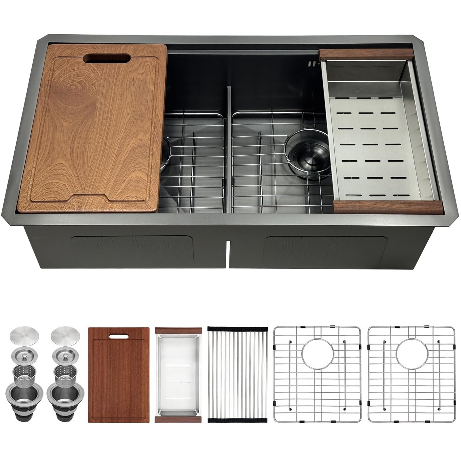 WIQUYBML 75×50cm Undermount Kitchen Sink,Grey Black Stainless Steel Sinks,Single Bowl Ledge Workstation,Under Counter Sink Basin With Rollup Rack, Bottom Rinse Grid(80x50cm)