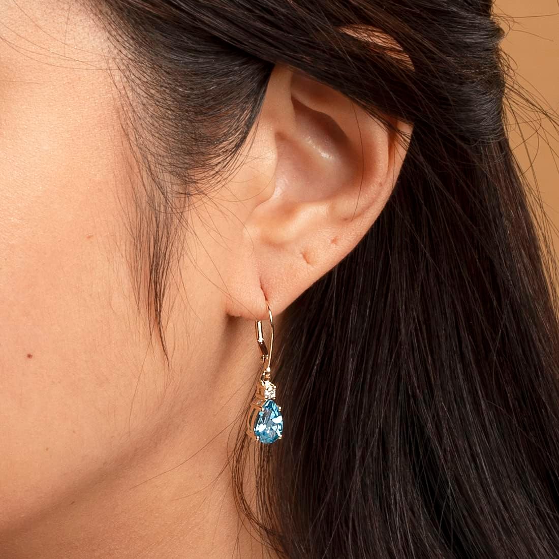 Peora 14K Yellow Gold Genuine Swiss Blue Topaz and Diamond Teardrop Leverback Earrings for Women, 3.10 Carats total Pear Shape 9x6mm, Sparkling Sky Blue Earrings, December Birthstone Earrings