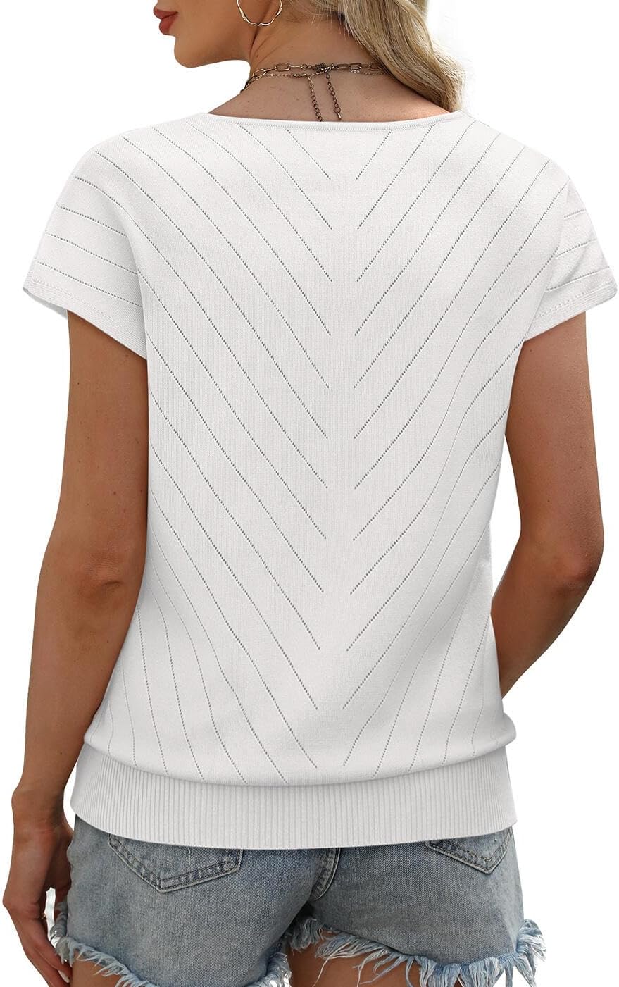 WIHOLL Short Sleeve Sweater for Women V Neck Trendy Summer Tops 2025 Beach Vacation Clothes Travel Business Casual Outfits White Large image 5 of 5 B0F23LHRBX