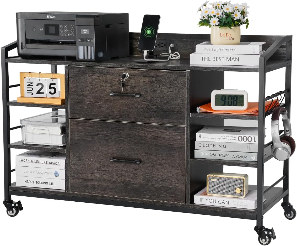 VEVOR 2 Drawers Metal File Cabinet, Lateral Filing Cabinet with Lock and 6 Open Shelves, Wooden Wide Filing Storage Cabinets with Power Strip for Letter, A4, Legal Size File, Easy Assembly, Gray Grey