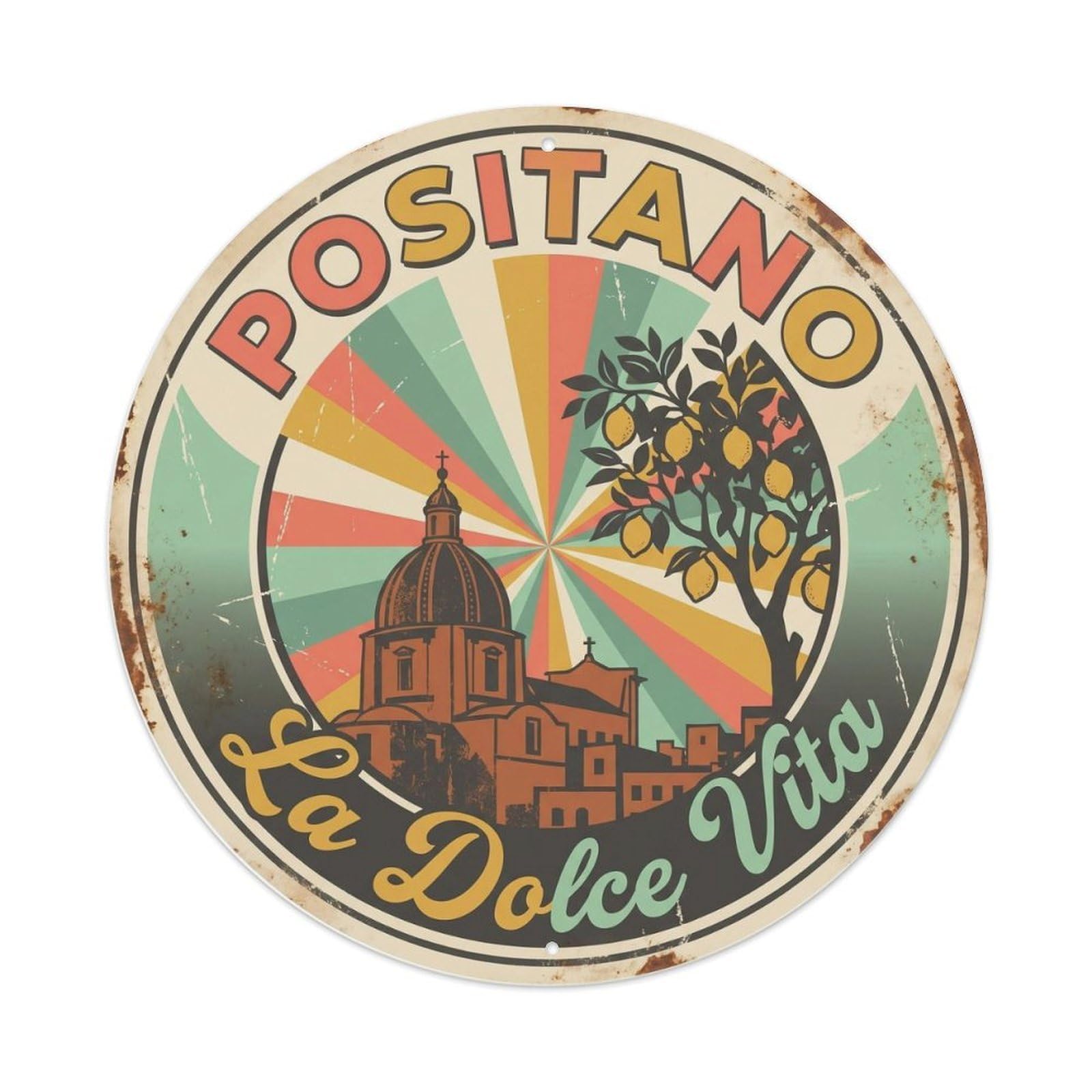 Mediterranean Positano Coastal Route Rustic Holiday Metal Tin Sign Plaque Wall Decor for Cafe, Man Cave, Club Bar, Office, Home Garden Round Metal Poster 8x8Inch