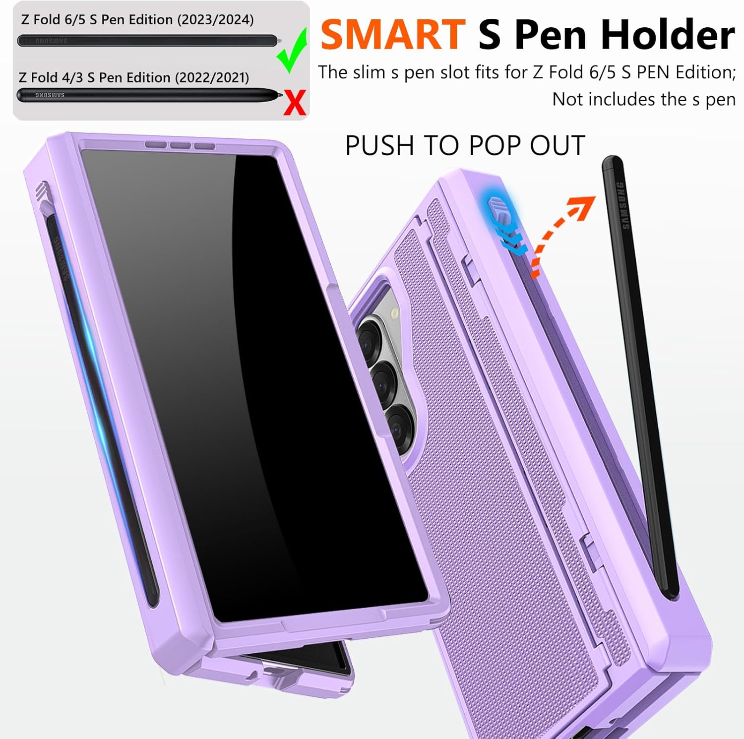 for Samsung Galaxy Z Fold 5 Case with S Pen Holder & Stylus Pen, [Invisible Kickstand] Privacy Screen Protector Rugger Hinge Protection Cover Military Grade Protective Case for Z Fold 5 Purple
