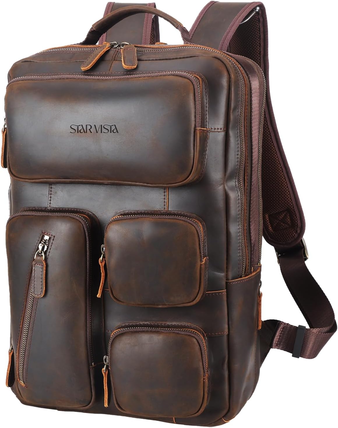 STAR VISTA Antonio 17.3" Vintage Full Grain Leather Laptop Backpack for Men, Multi Pockets, Casual Outdoor Business Travel Rucksack, YKK Zippers, Dark Brown