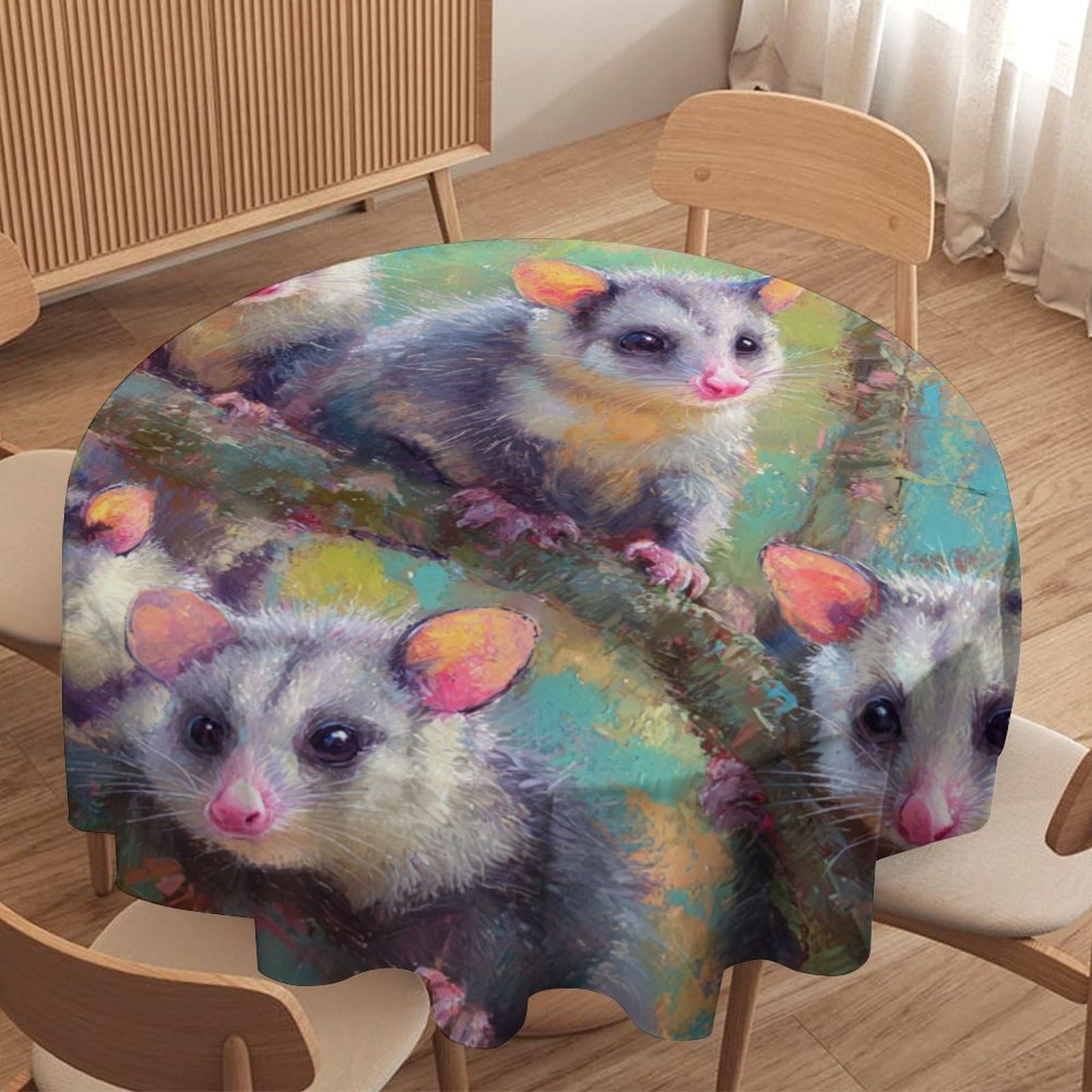 LUYYSKY Classic ModernCute Possums Waterproof Round Tablecloth Retro Oil Painting Plants Tree Branch Animal Possums Washable Table Cover for Kitchen-177.8" Wx177.8 L cm