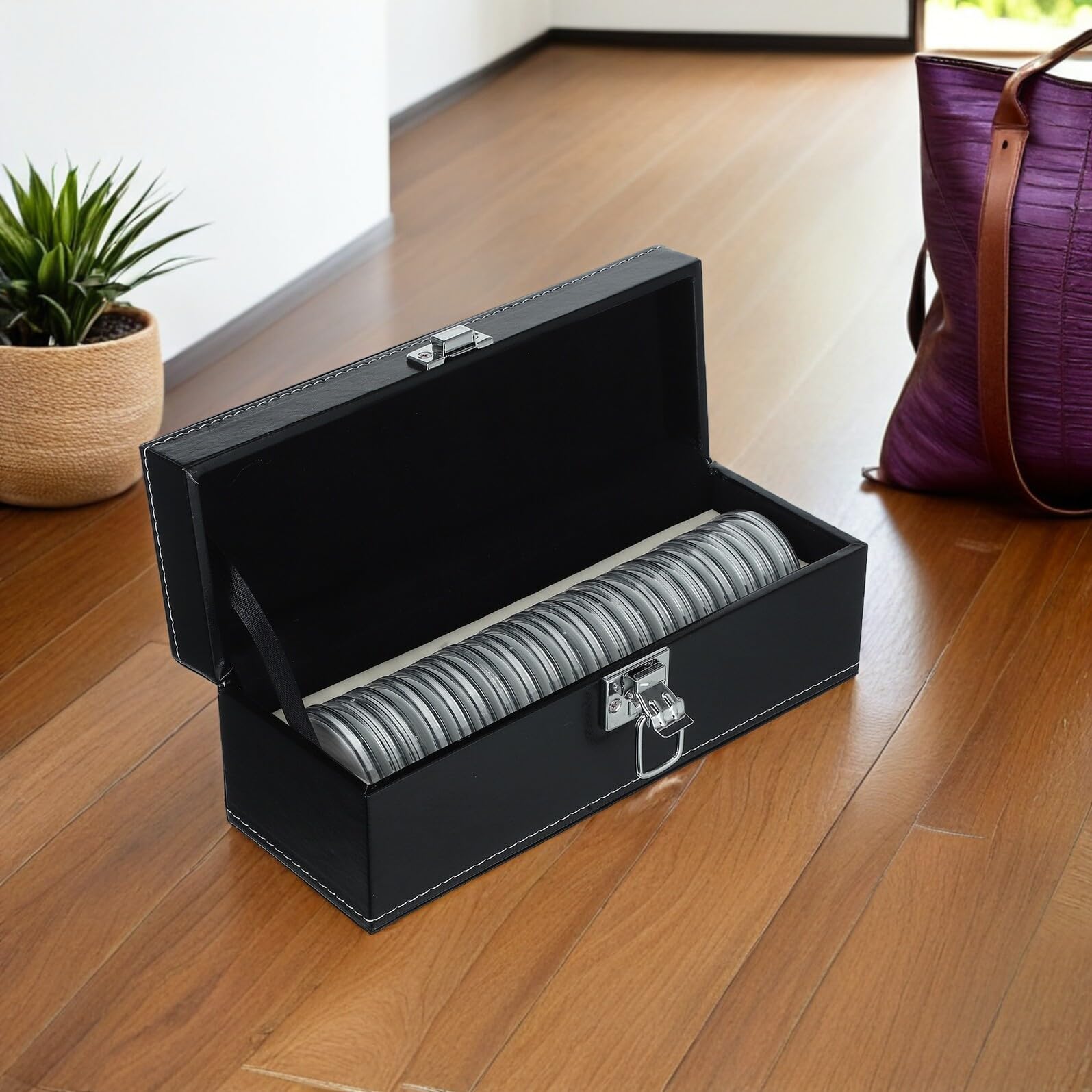 Hemobllo Boîte de Collection de Pièces de Monnaie Noire avec 20 Emplacements, Capsules Hermétiques en Plastique et Mousse Eva, Organiseur Compact et Portable pour Collectionneurs