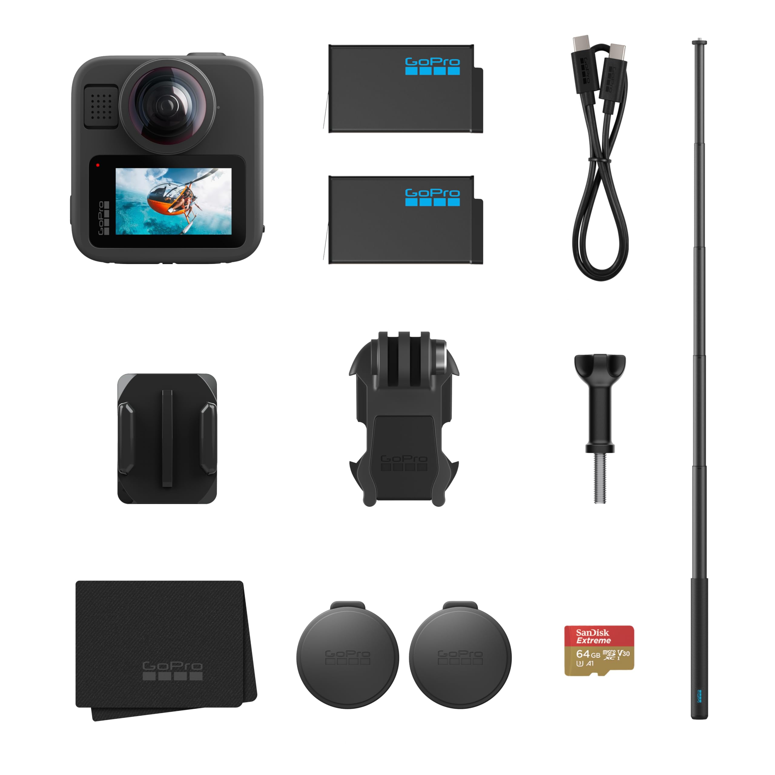 GoPro MAX2 360 Accessory Bundle-Includes True 8K 360° Waterproof Action Camera, 4ft Extension Pole(Invisible Selfie Stick Effect), 2 Enduro Batteries, 64GB SanDisk microSD Card, Easy Quick App Editing