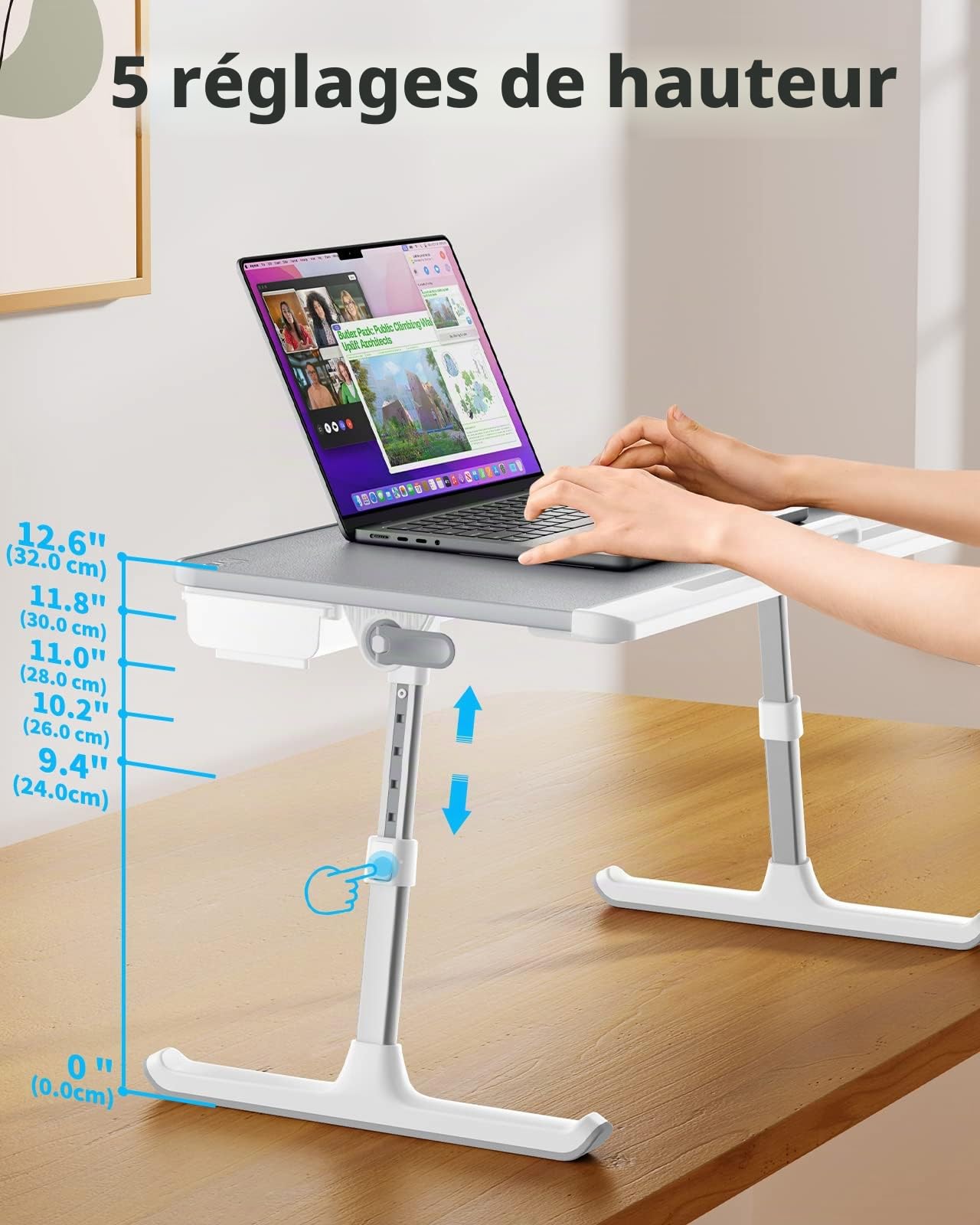 SAIJI Table de Lit Pliante Réglable en Cuir PVC avec Tiroir de Rangement et Déflecteur Silicone Amovible Gris