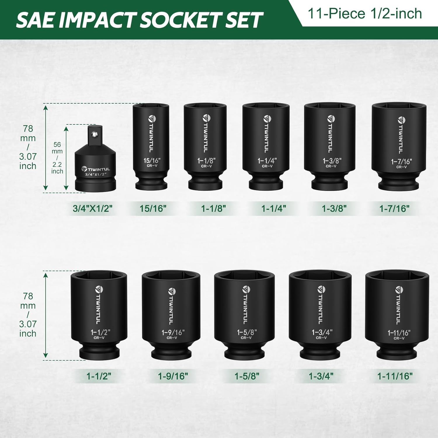 11Pcs Axle Nut Socket Set, 1/2 Drive SAE Impact Socket 15/16 to 1-3/4, CR-MO 3/4 to 1/2 Adapter, 6-Point Design Heavy Duty Socket Set for Large Auto Repairs, Agricultural implement