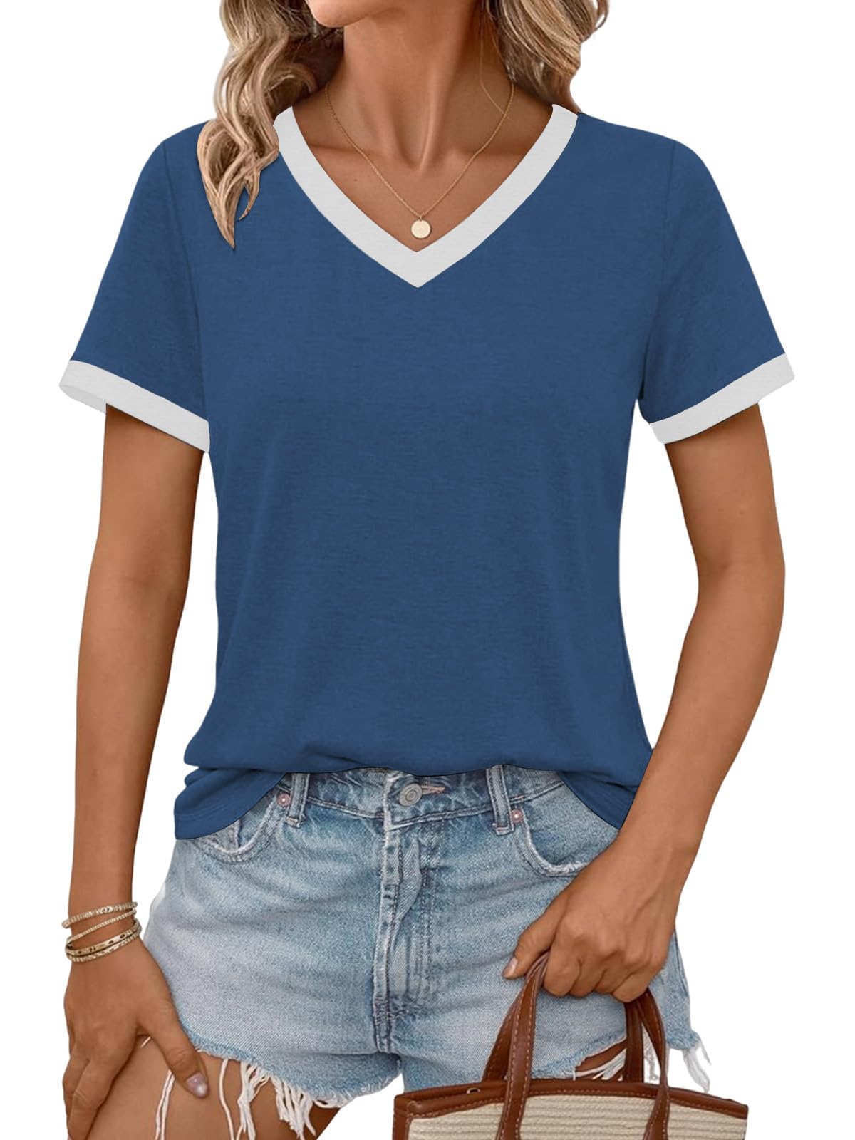 Cuptacc Tshirt Damen Shirt Damen V-Ausschnitt Sport Oberteile Sommer Locker Tunika Party Shirt Fashion Marineblau 2XL 50-52