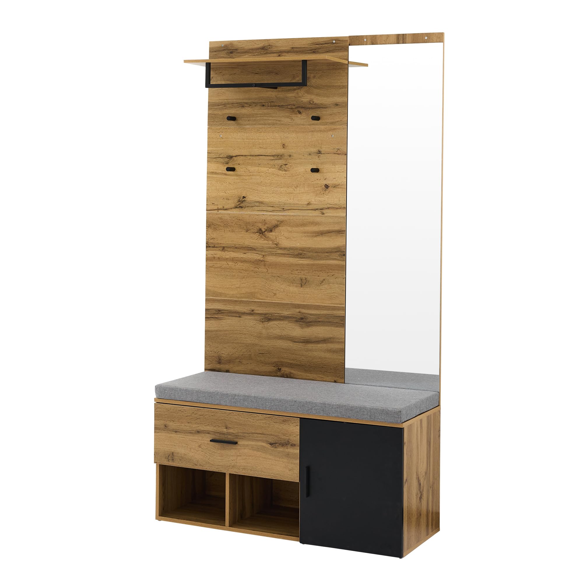 Juego de perchero de 190 cm de alto, efecto madera, con espejo, zapatero (104 x 39 cm) con cojín, zapatero, cajón, estante, perchero, diseño práctico para la entrada