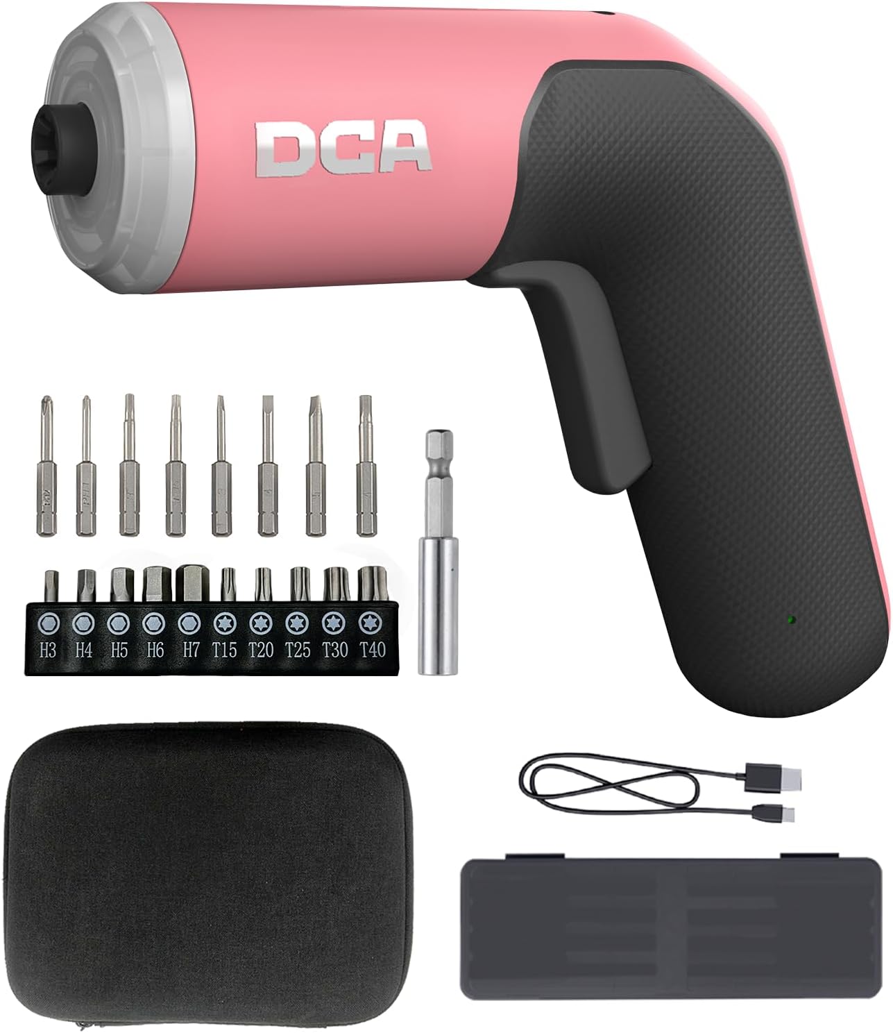 DCA 4V Electric Screwdriver Set, 5 N.m with 2000 mAh Li-ion Battery, 1/4" Magnetic Hex Chuck, USB-C Charging Cable, 18 Driver Bits for Furniture Repairs, Pink