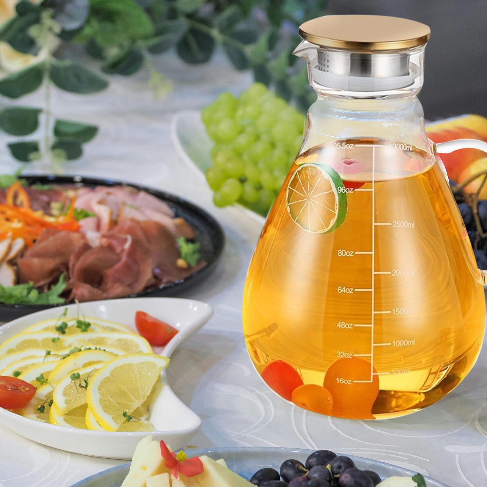 FOMIYES Jarra de Vidrio Borosilicato de 1300ml con Tapa de Acero Inoxidable y Silicona, Dispensador Elegante para Agua y Cócteles en Bodas y Eventos
