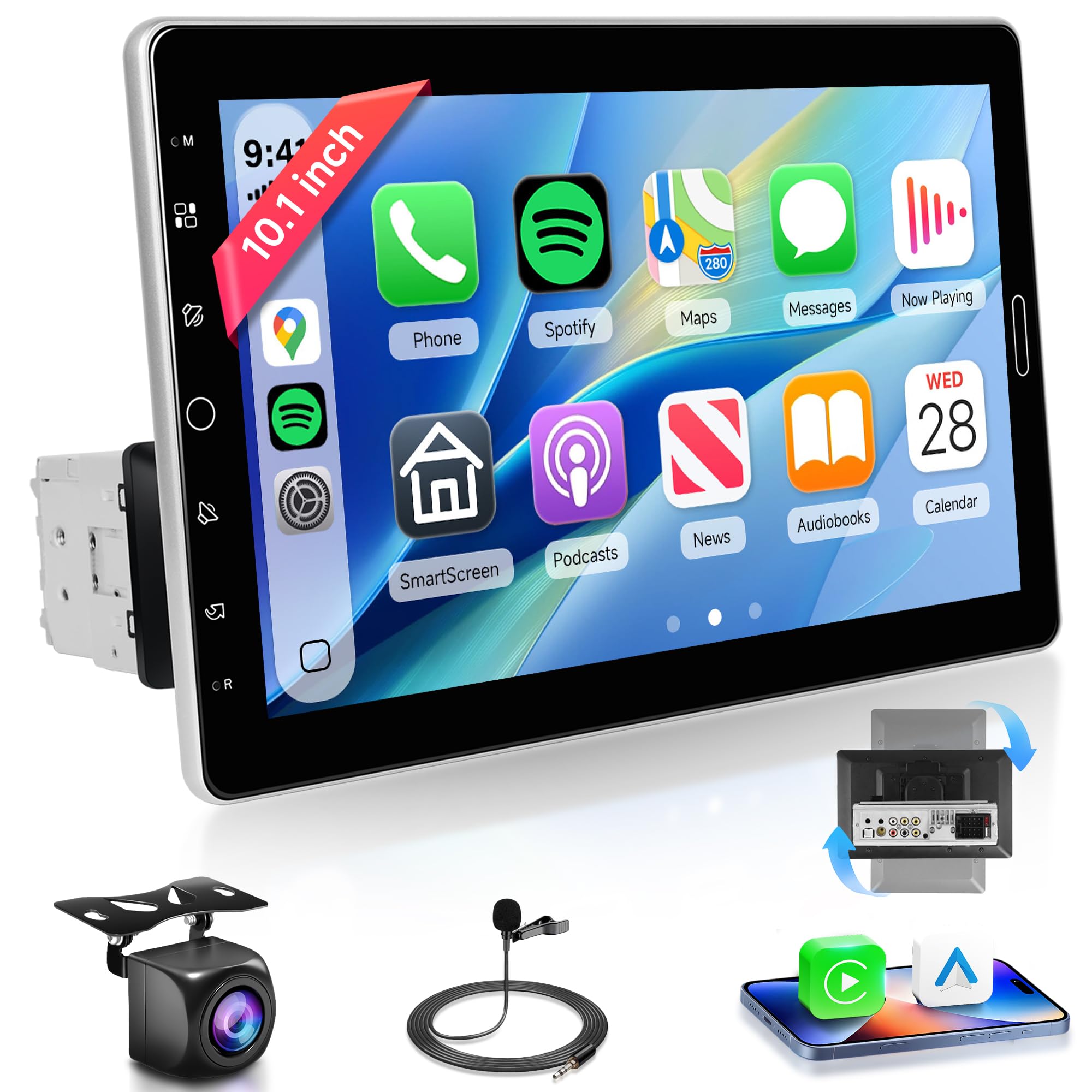 Rimoody Bezprzewodowe radio samochodowe 1 Din 10,1 cala z obrotowym ekranem dotykowym Radio samochodowe z Androidem Auto Mirror Link Bluetooth FM/AM/RDS/EQ USB/AUX, sterowanie na kierownicy, kamera