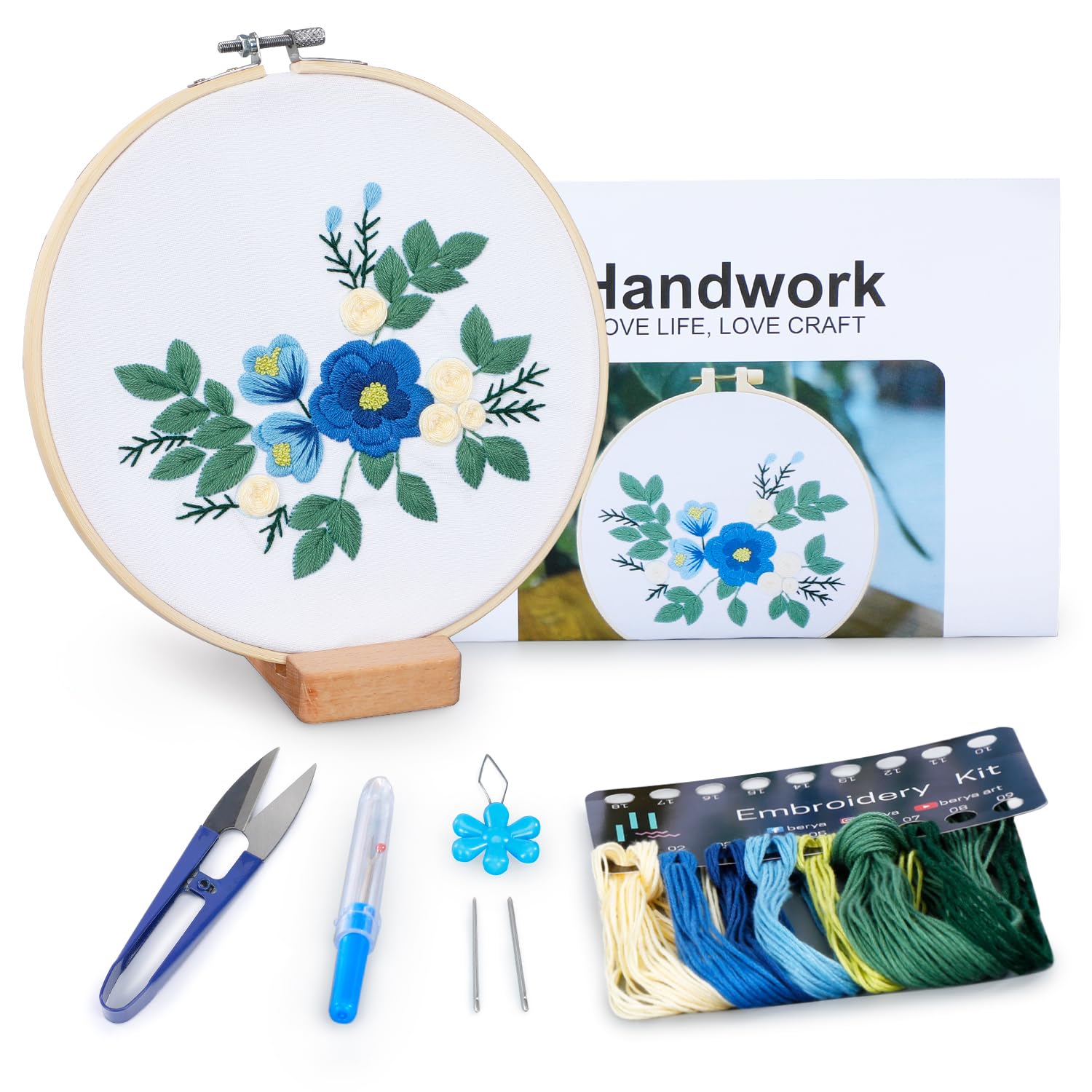 Embroidery Kit for Beginners, Flowers and Leaves Embroidery Practice Kit, Hand Floral Embroidery Starter Kit for Adults with Video Step by Step Instructions, Hoops, Threads and Needles (BEF013)
