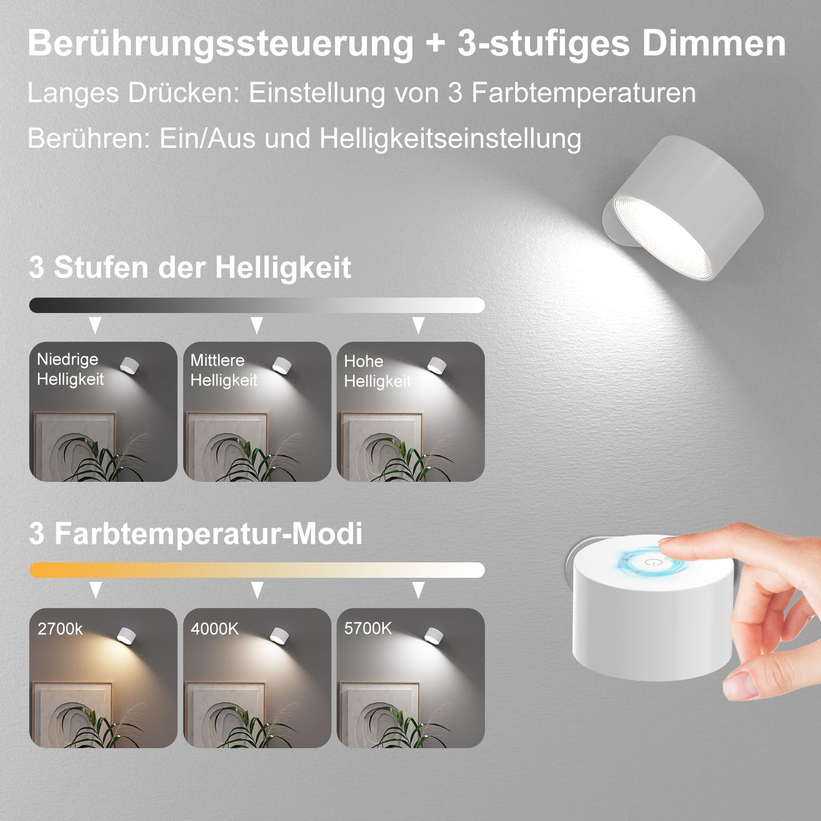 EUJAM Lampada da parete interni, con batteria, Abat Jour da muro Applique da Parete con Telecomando controllo touch, 3 livelli di luminosità, girevole a 360°, per soggiorno, camera da letto