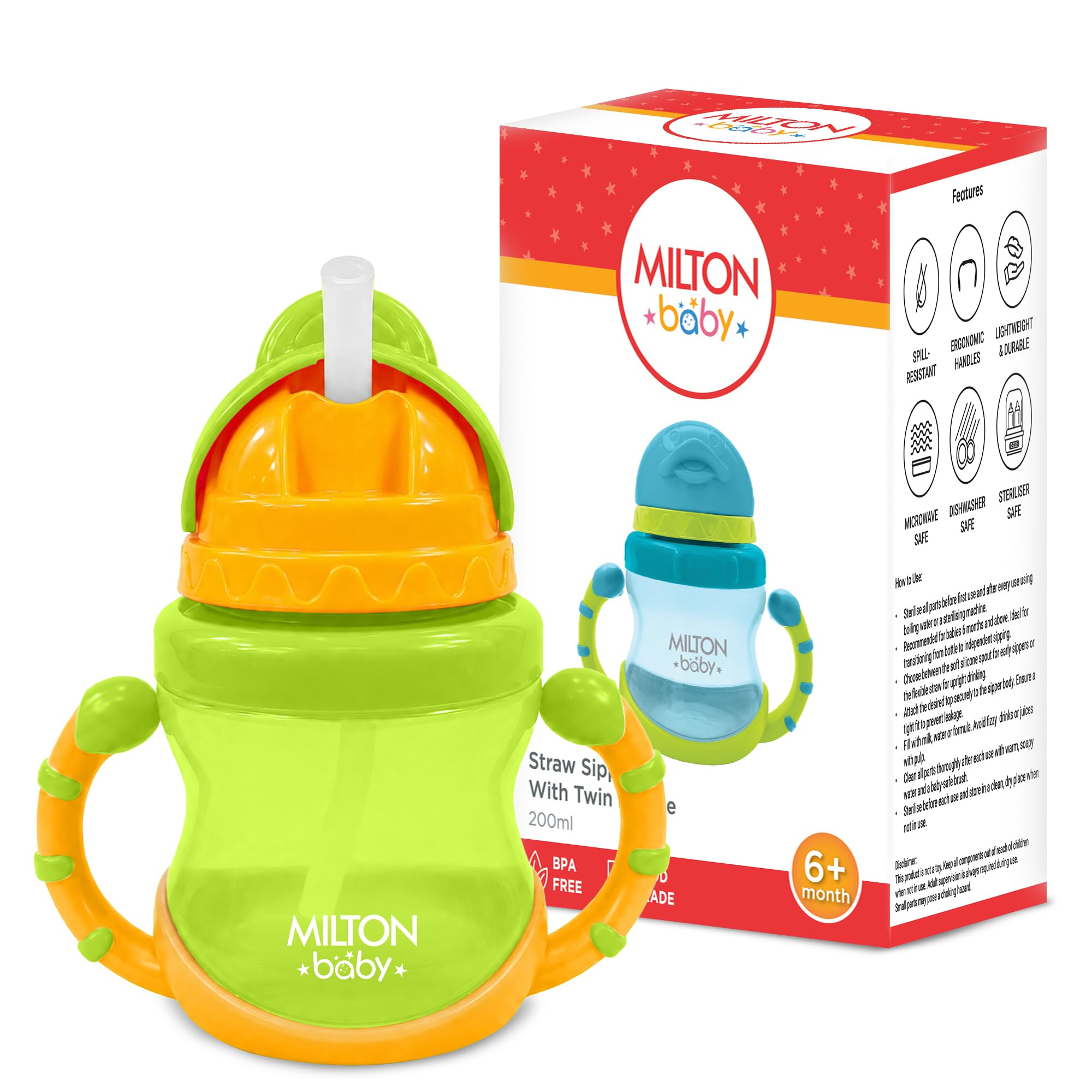 Milton Baby Straw Sipper Water Bottle for Kids with Twin Handle I 100% Food Grade I BPA Free I Spill Resistant I Includes Capacity Marking I Ergonomic Handle I Sterilizer Safe I 200 ml I Green-picture-34