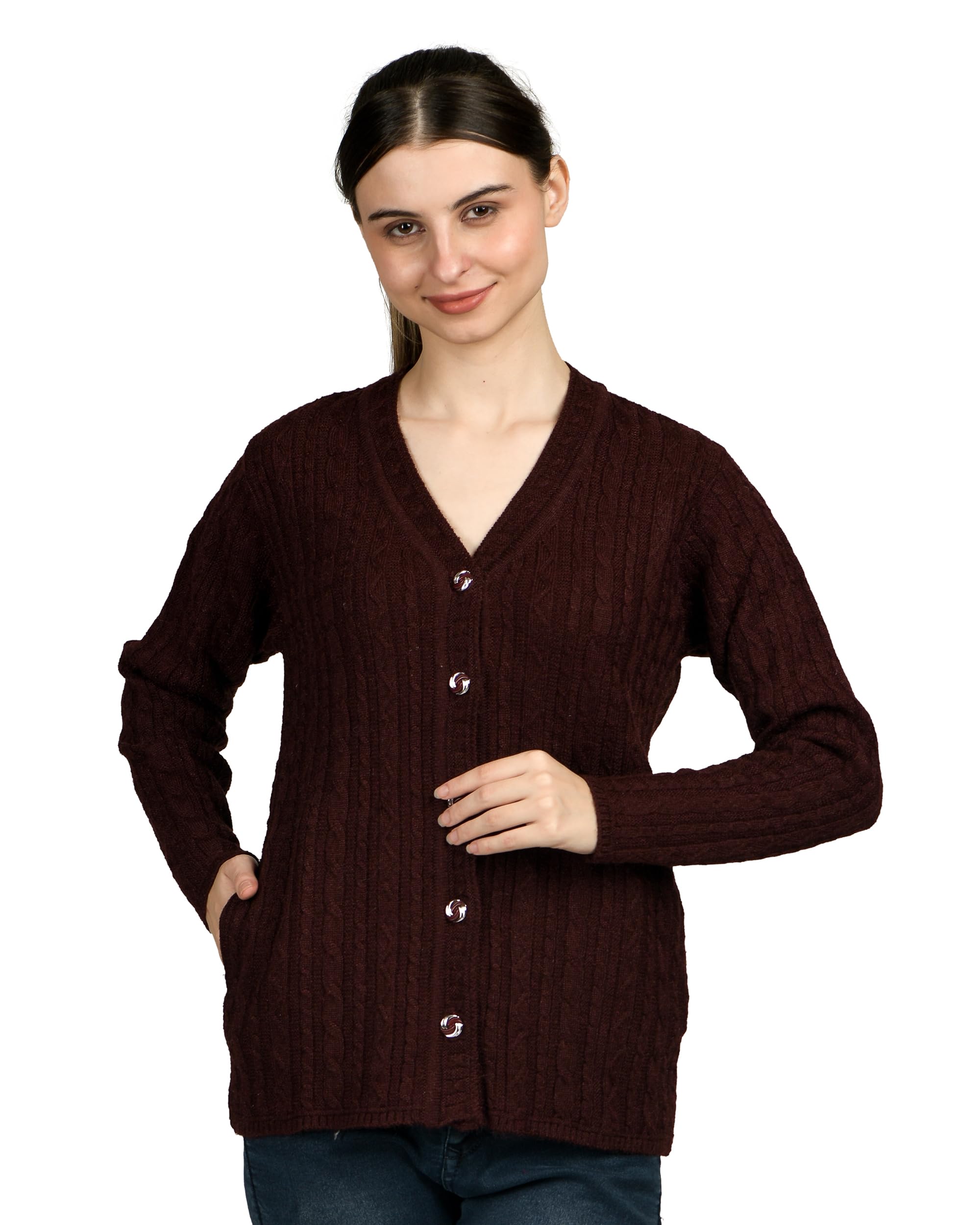 ladywillington Lady Willington Women Woolen Round Neck Self Design Heavy Rainbow Fabric Cardigan Winter Wear Pure Wool Cardigan for Women Free Size Long Warm Cotty Free Sizes-picture-13