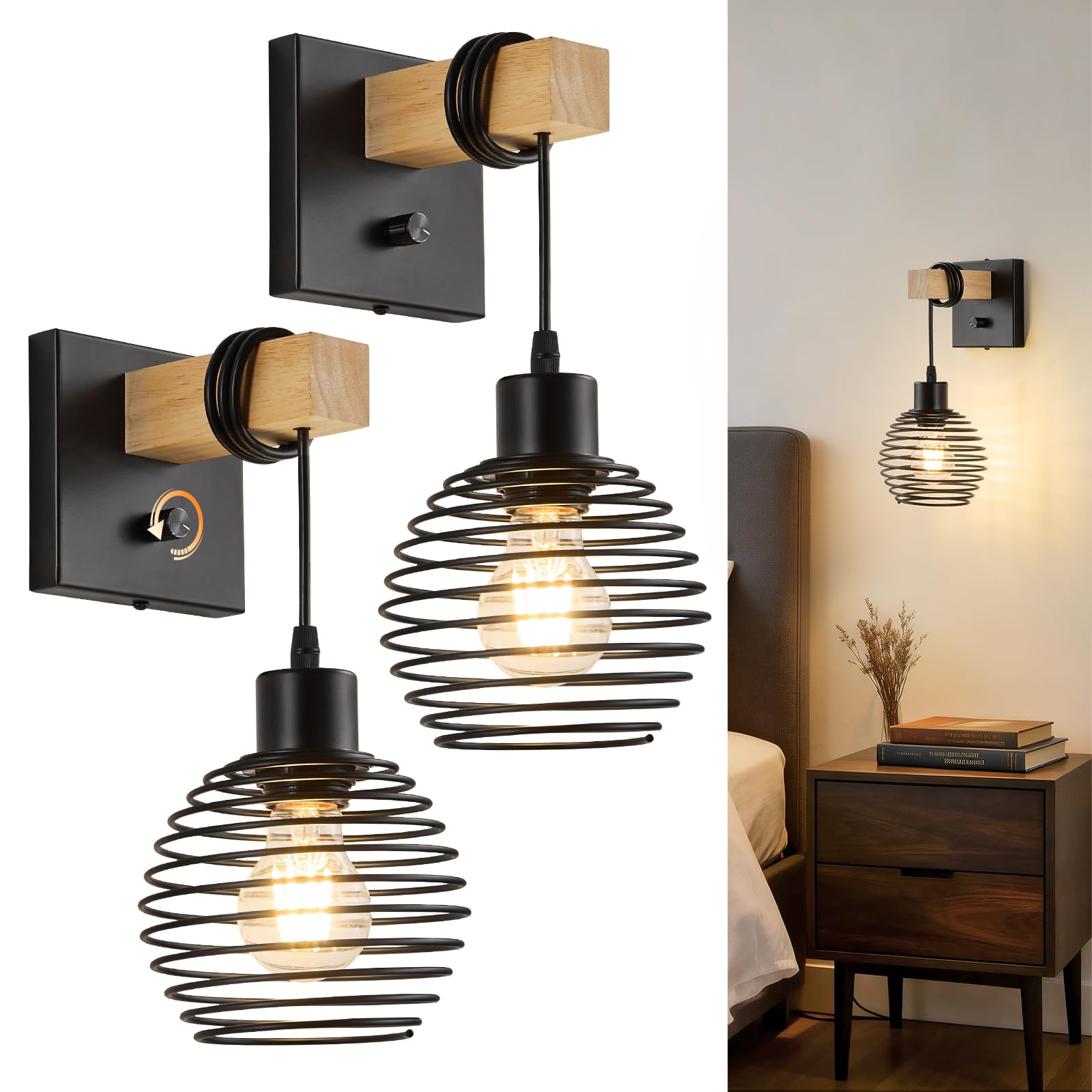 Applique Murale avec Variateur Intégré en Métal Industriel, Abat-jour Superposé E27, Lampe Filaire pour Lecture au Lit, Salon, Chambre et Couloir Interrupteur Rotatif Intégré 2 PCS