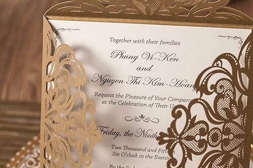 Miniatura 3 de Jofanza 50 tarjetas de invitación de boda doradas de 6.3 x 6.3 pulgadas con sobres, cuadrados dorados cortados con láser, patrón de flores de encaje