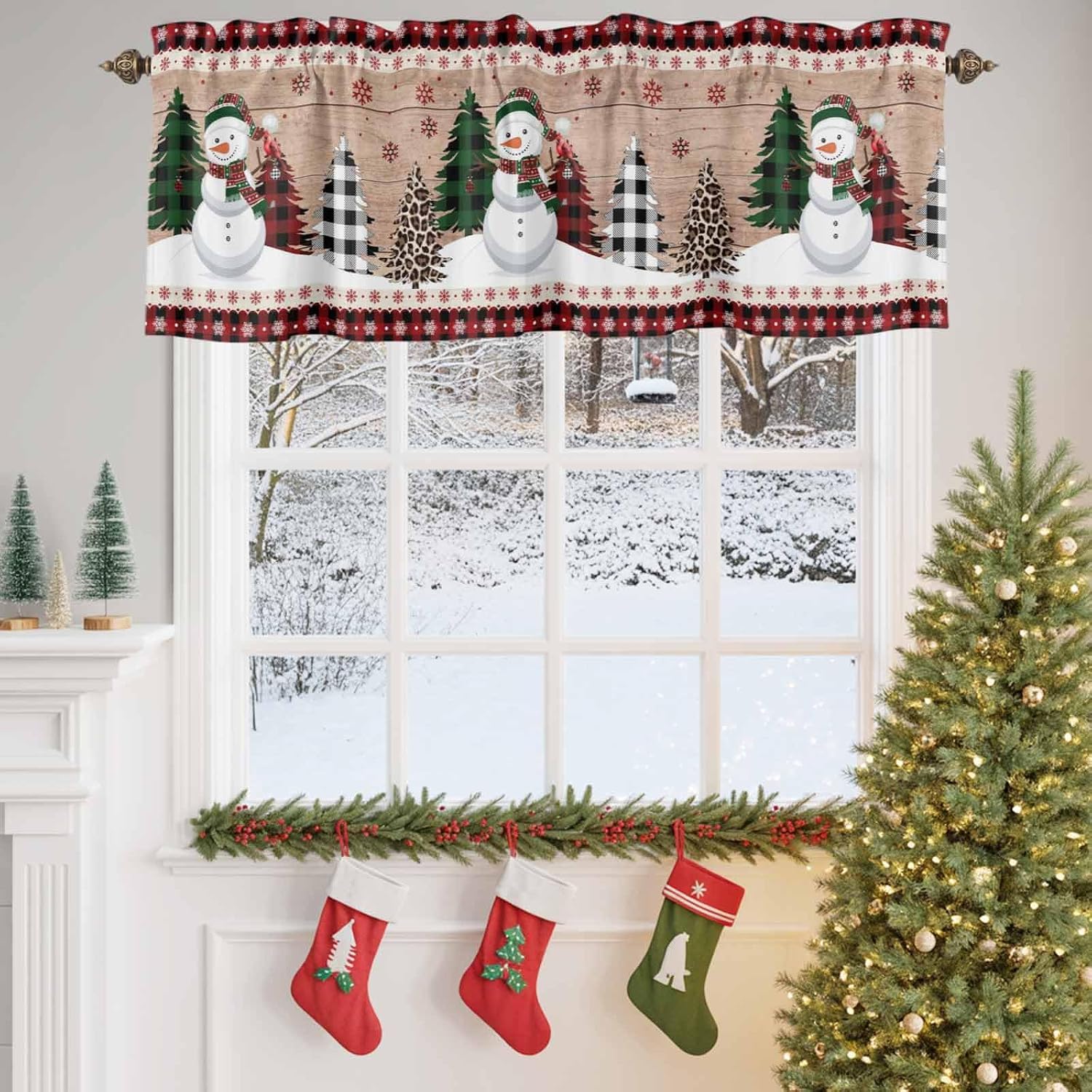 Christmas Curtain Valance 54'' x 18'', Snowman Valances for Window Rod Pocket Curtains Drapes, Rustic Xmas Tree Red Plaid Winter Snowflake Short Topper Kitchen Cafe Living Room, 1 Panel