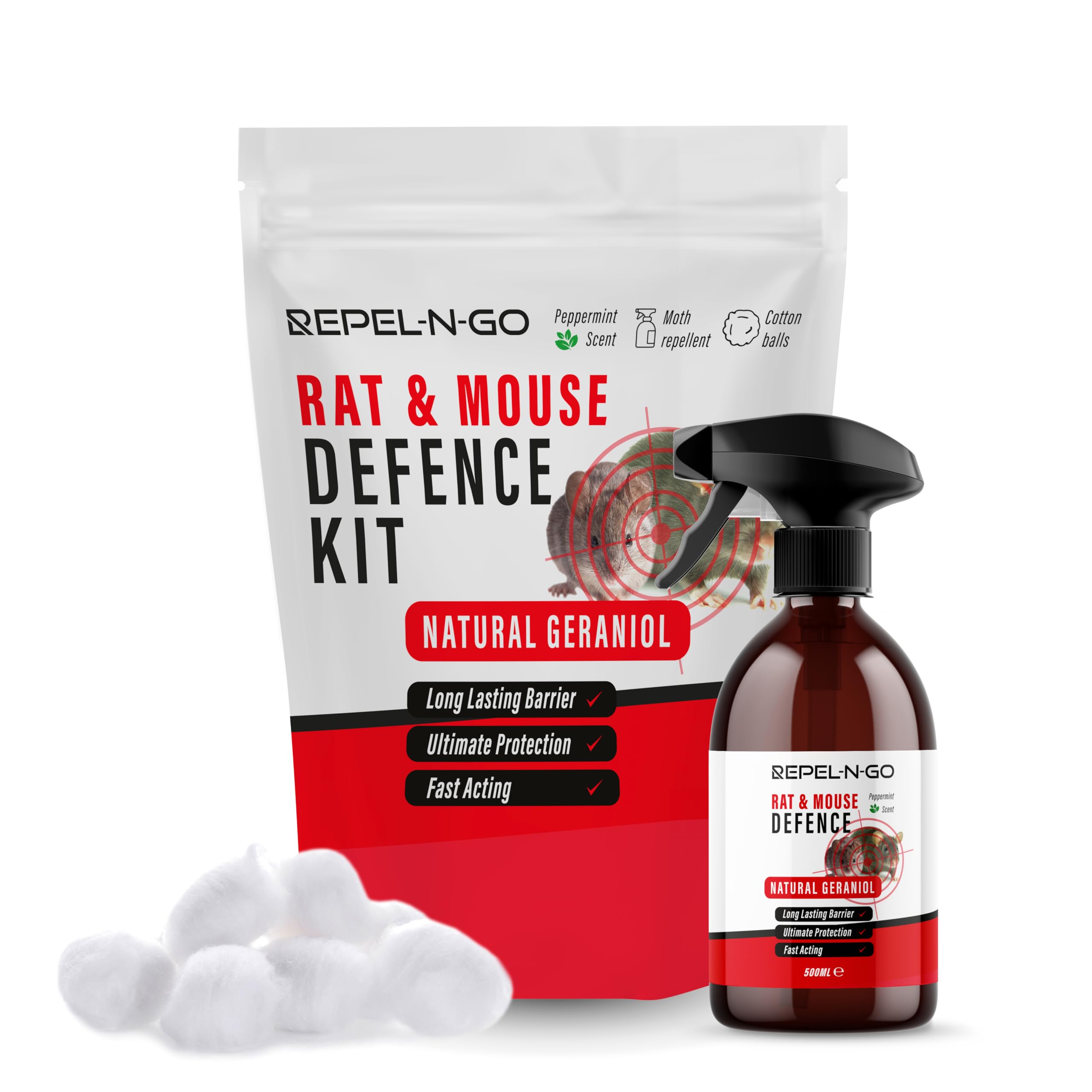 Repel-N-Go - Rat & Mouse Repellent Kit | Rodent Deterrent Spray | Natural Eco-Friendly Pest Control Defence - Contains Peppermint, Geraniol & Cotton Balls - 500ml