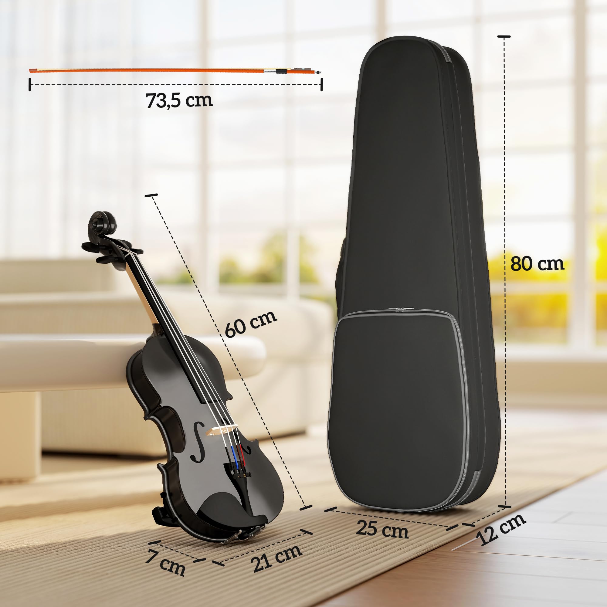 HOMCOM Violine 4/4 Set Massivholz für Erwachsene und Anfänger schwarz | Leichte und tragbare Tasche, Bogen, Kolophonium, Steg, Schulterstütze