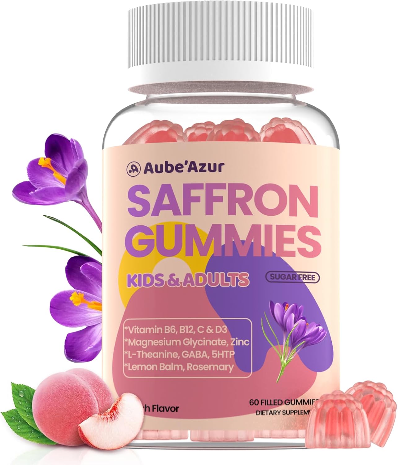 Saffron Gummies for Kids Adults 88.5mg, 15-in-1 Saffron Supplements for Kids, with B6, B12, C, D3, Magnesium Glycinate, Zinc for Nerve, Rest, Focus, Sugar Free, Vegan, Non- GMO, Peach Flavor, 60 Count